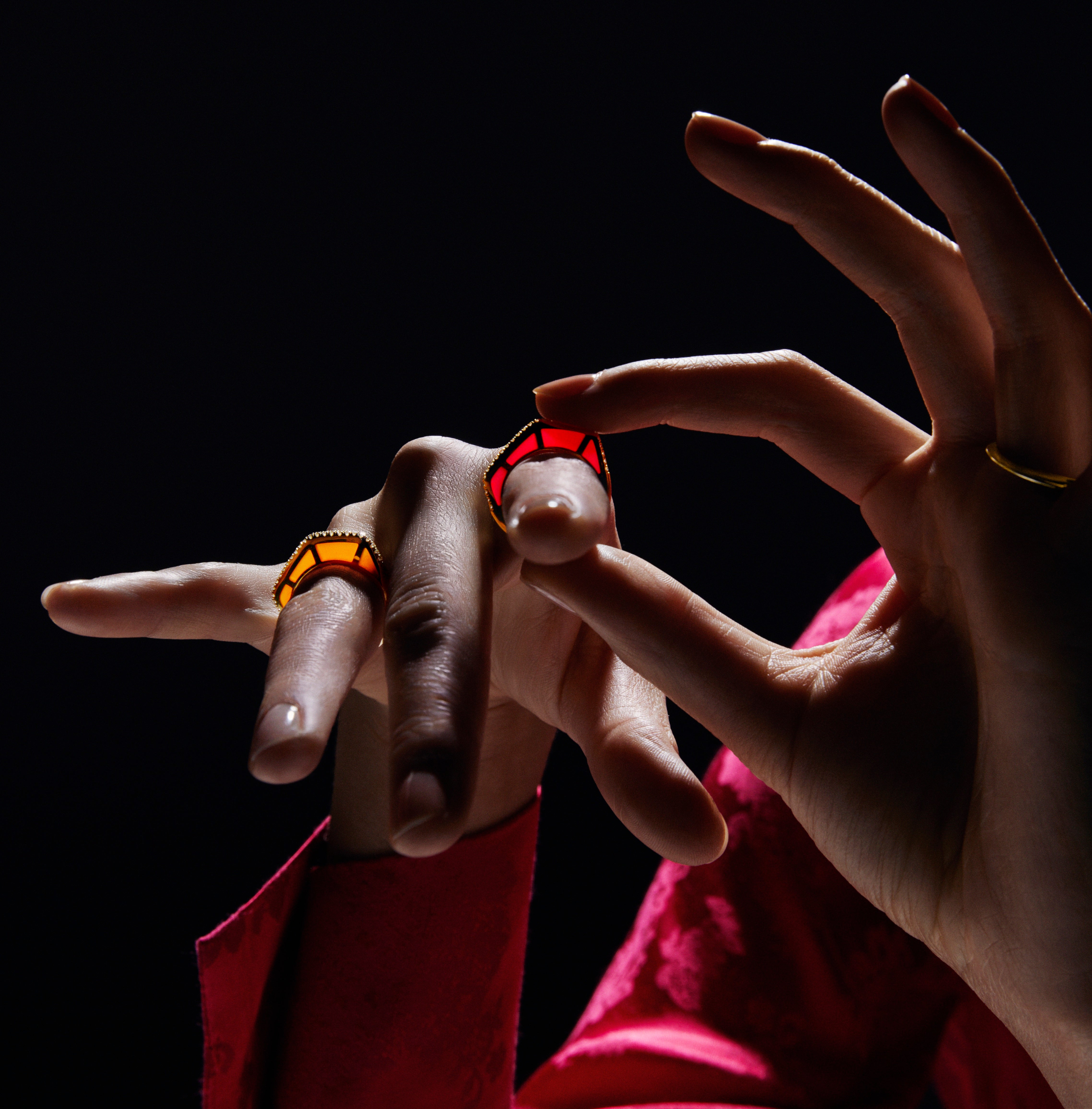 Orange Enamel Gold Ring by fine jewelry designer Andy Lif