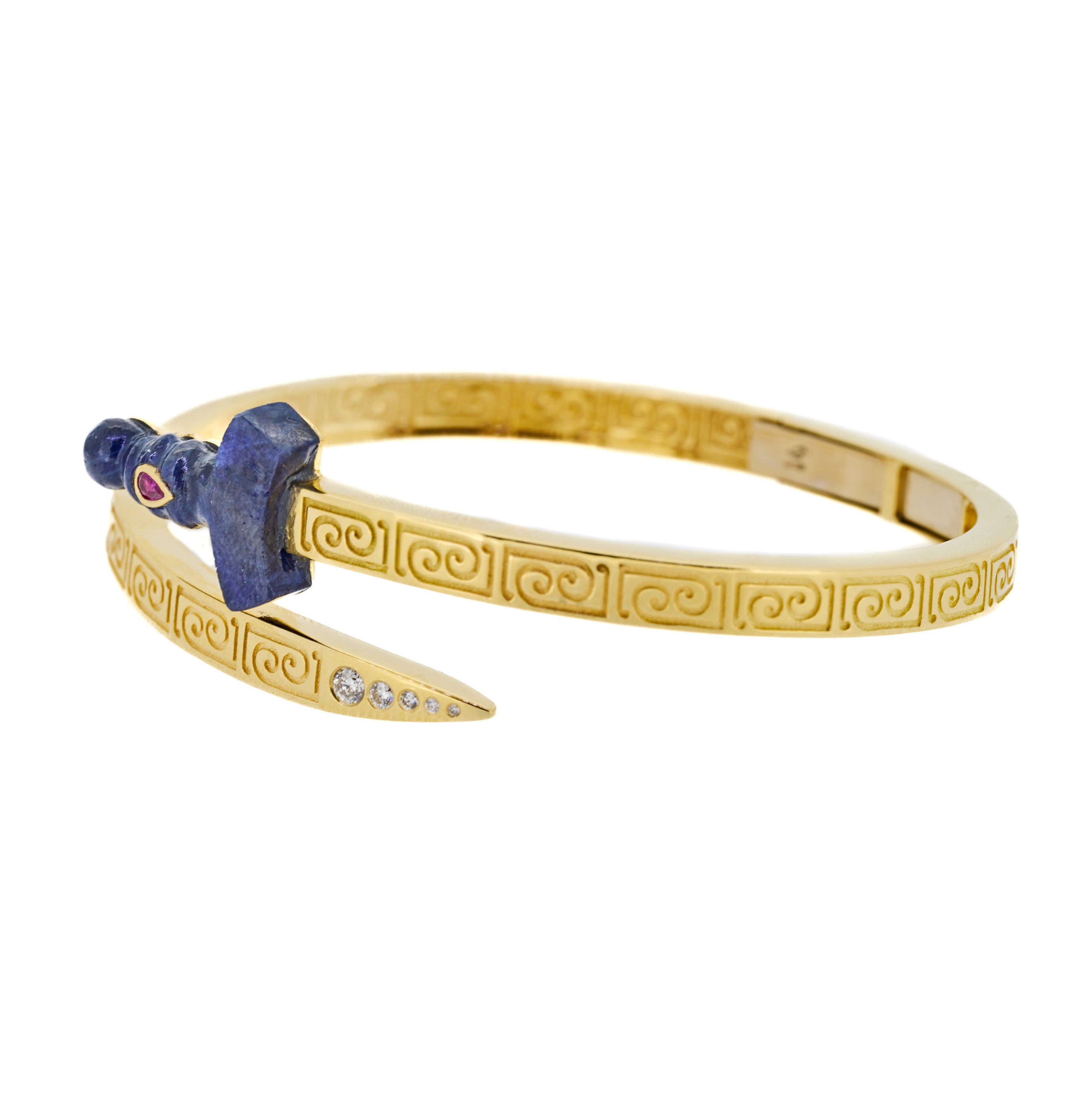 Sapphire Dagger bangle with inlayed ruby by fine jewelry designer Jade Jagger