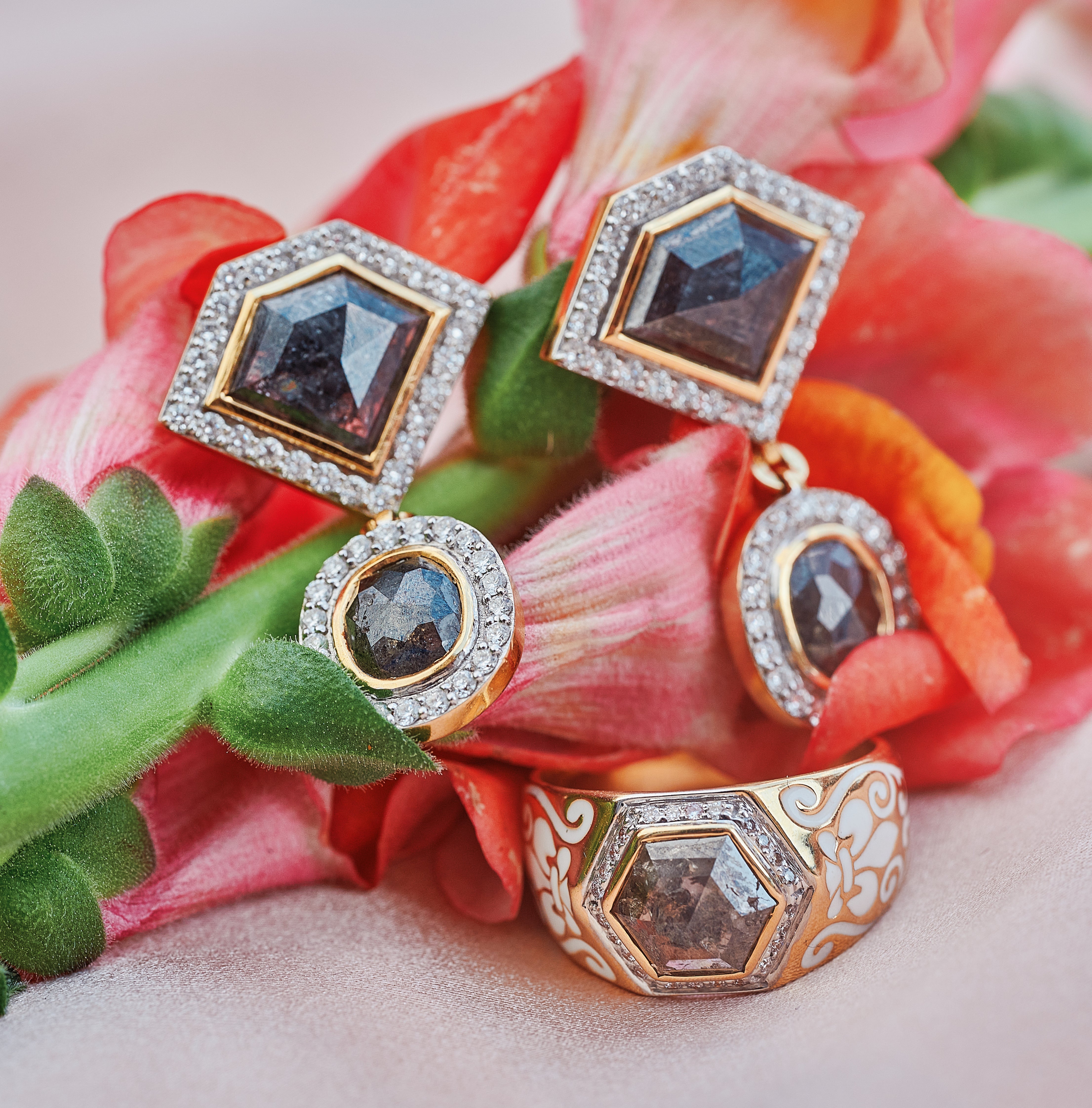 18k gold diamond drop earrings by fine jewelry designer Jade Jagger