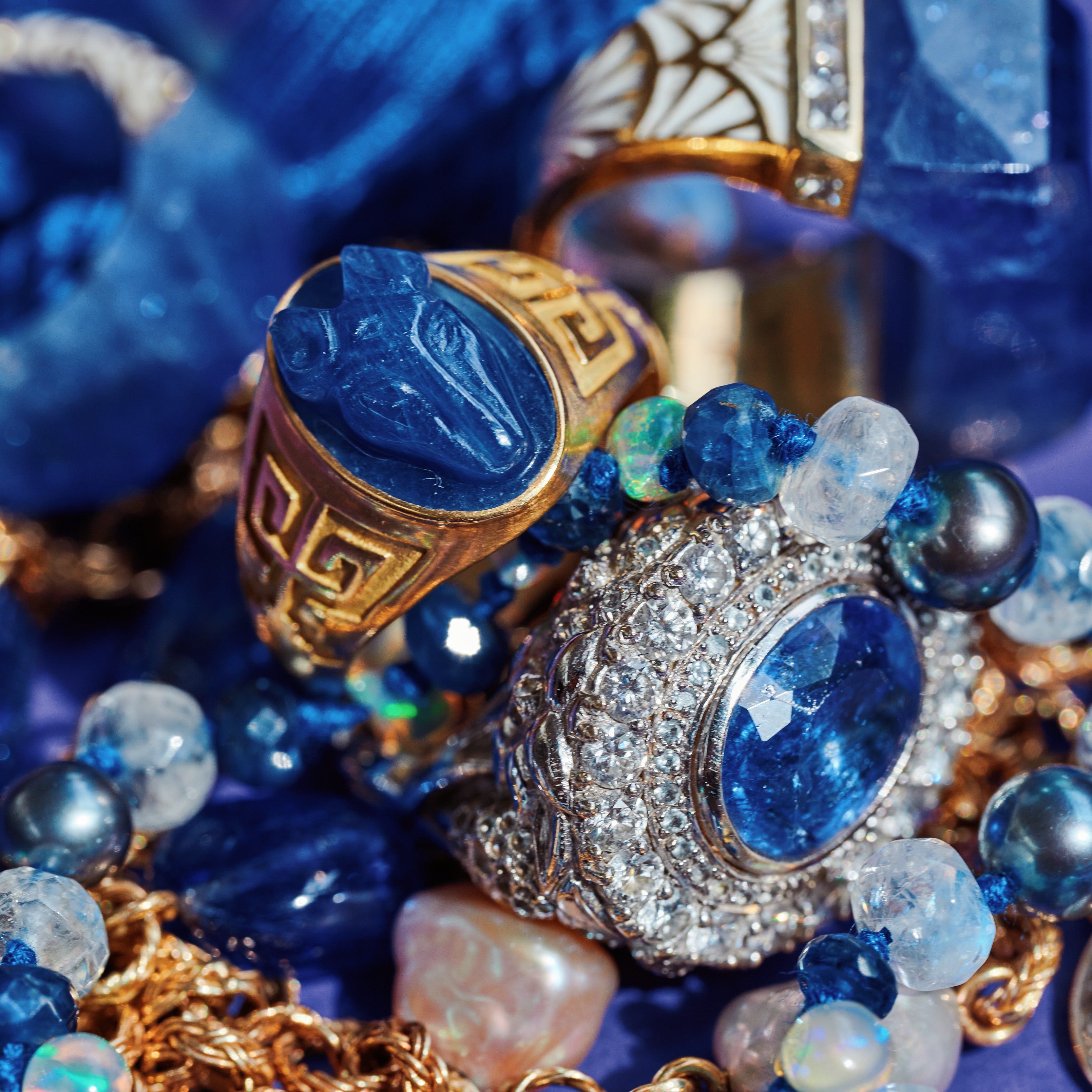 Carved Sapphire cameo ring by fine jewelry designer Jade Jagger