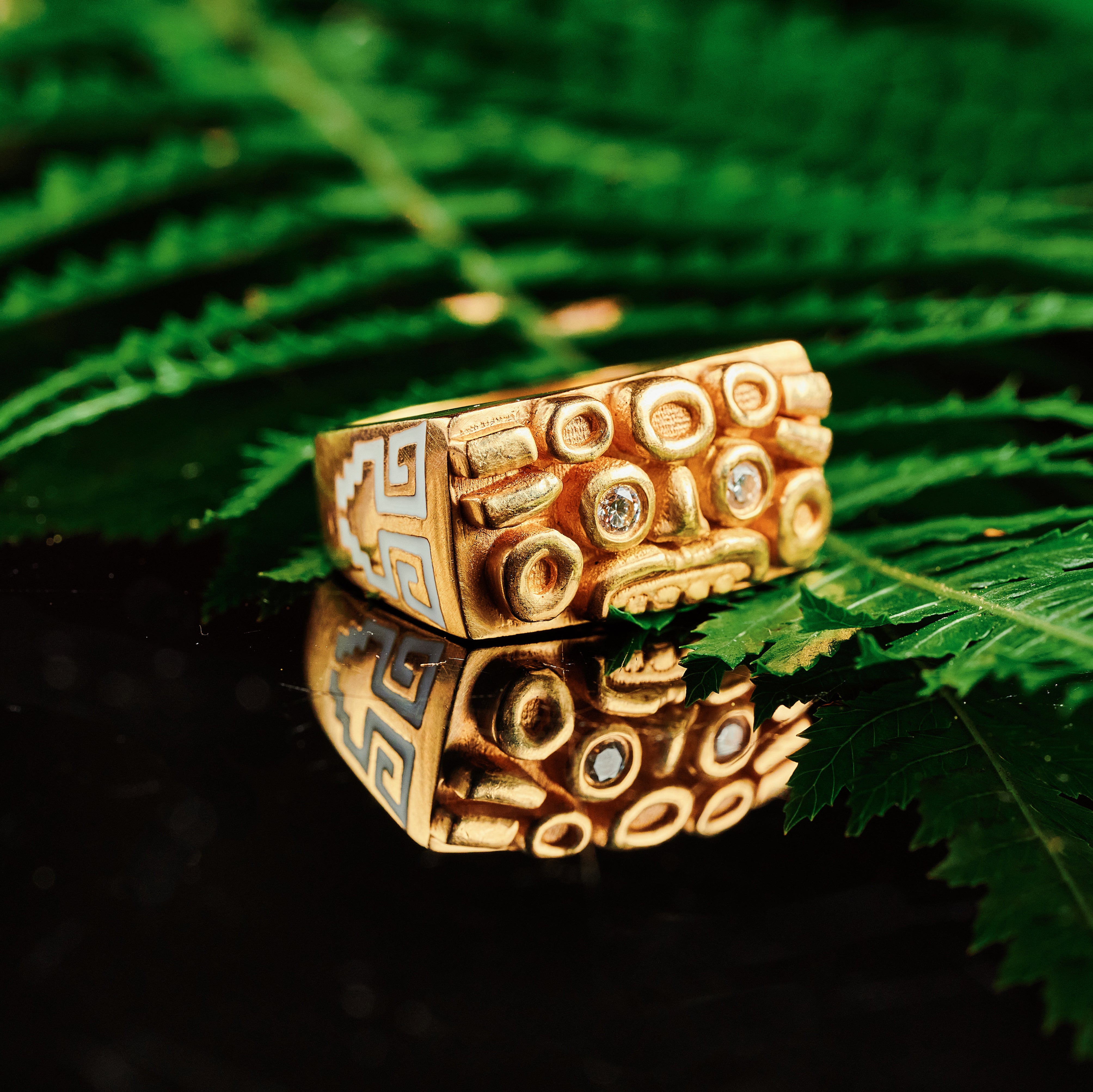 Diamond Yellow Gold Totemic ring by fine jewelry desgner Jade jagger