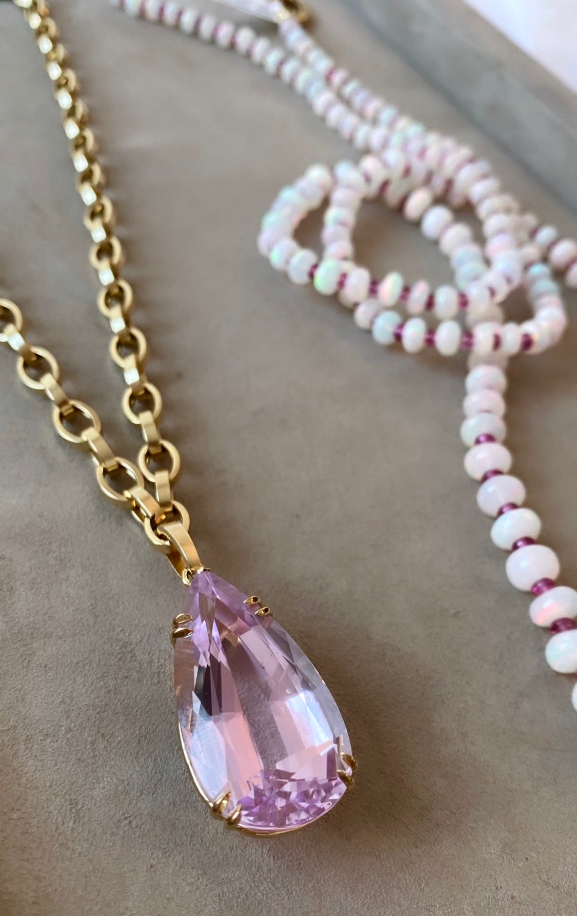 18k gold large Kunzite necklace by fine jewelry designer Goshwara