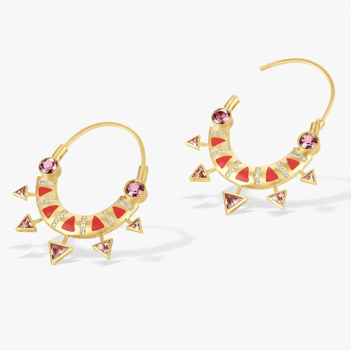 Ashaha Shams hoop earrings in 18k gold, pink tourmaline, diamonds. Contemporary heirloom.