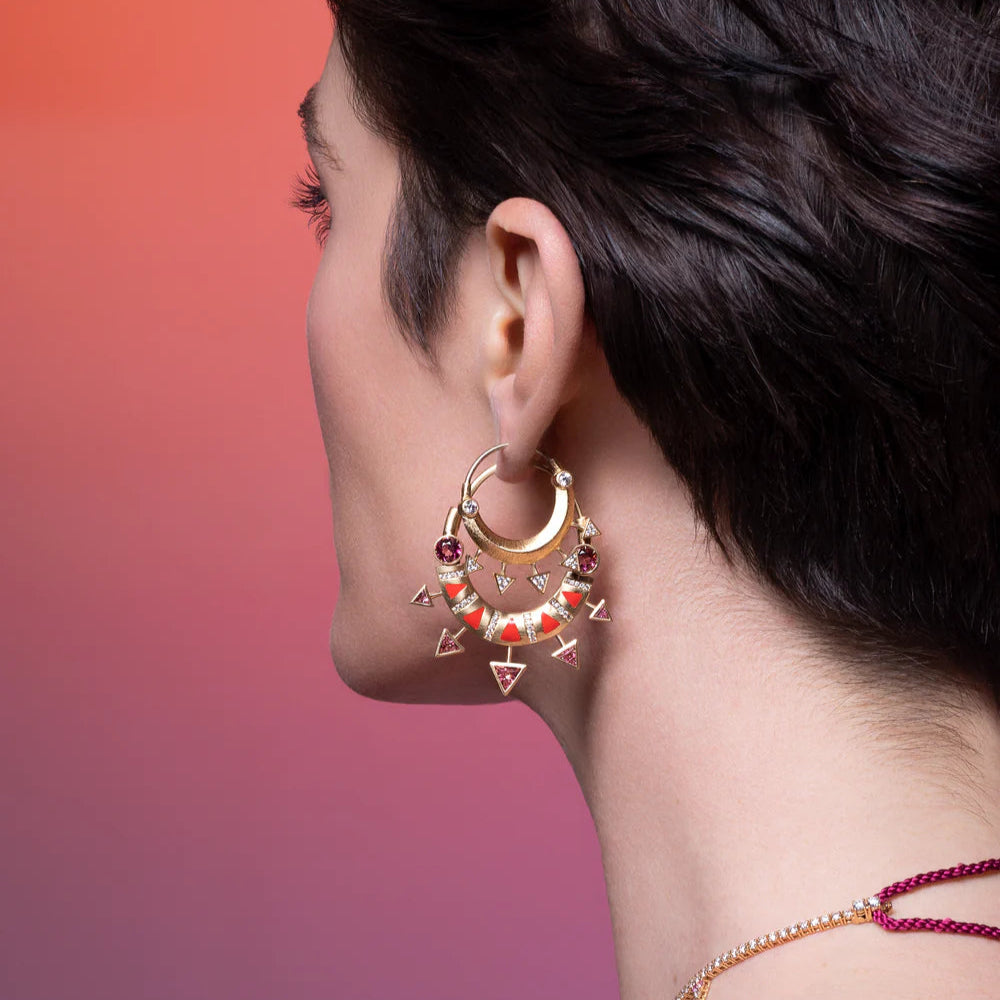 Ashaha jewelry. Shams hoop earrings in 18k gold, pink tourmaline, diamonds. Contemporary heirloom.