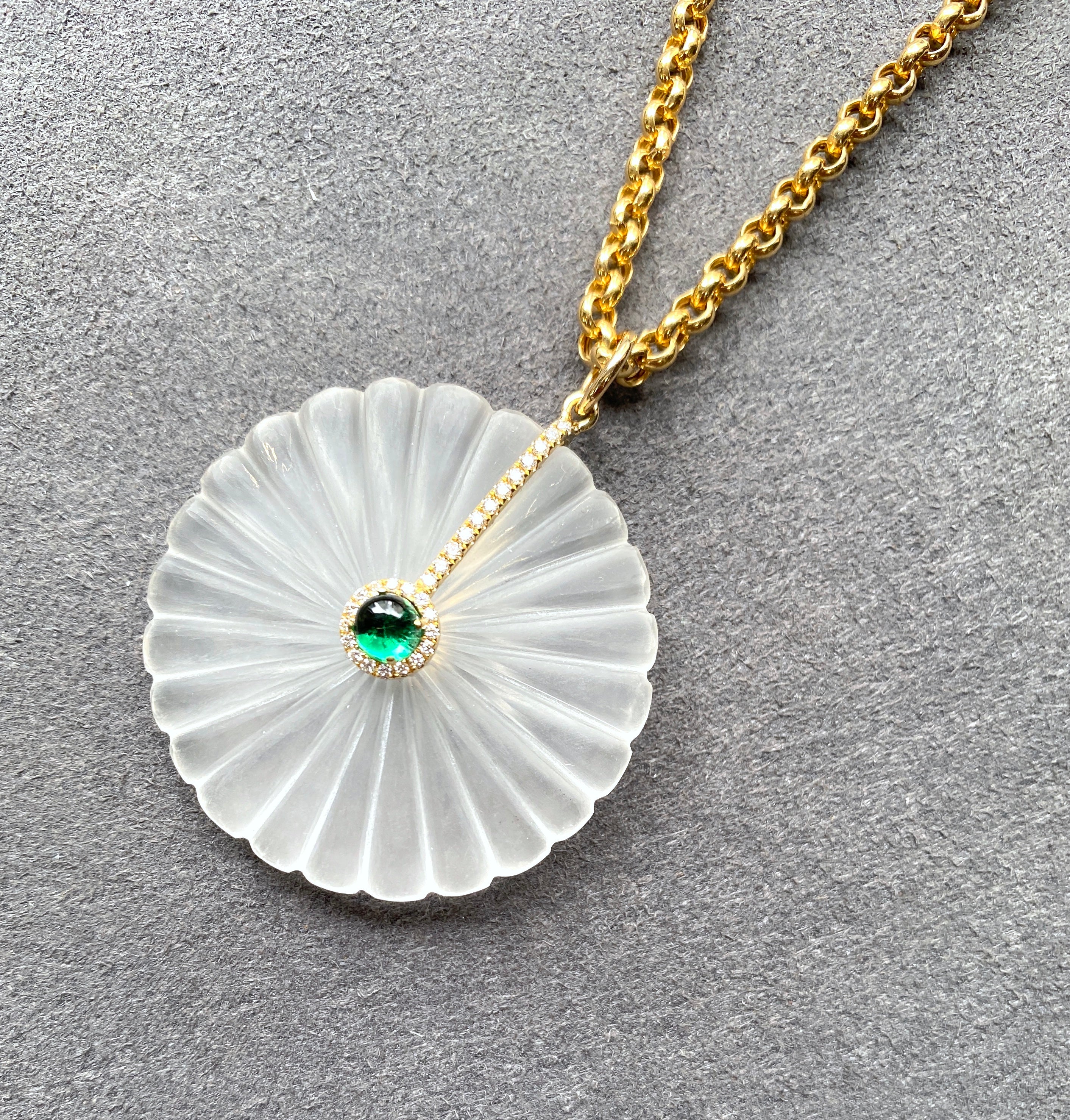 Carved rock crystal, emerald, diamonds pendant by fine jewelry house Goshwara, 18k gold chain