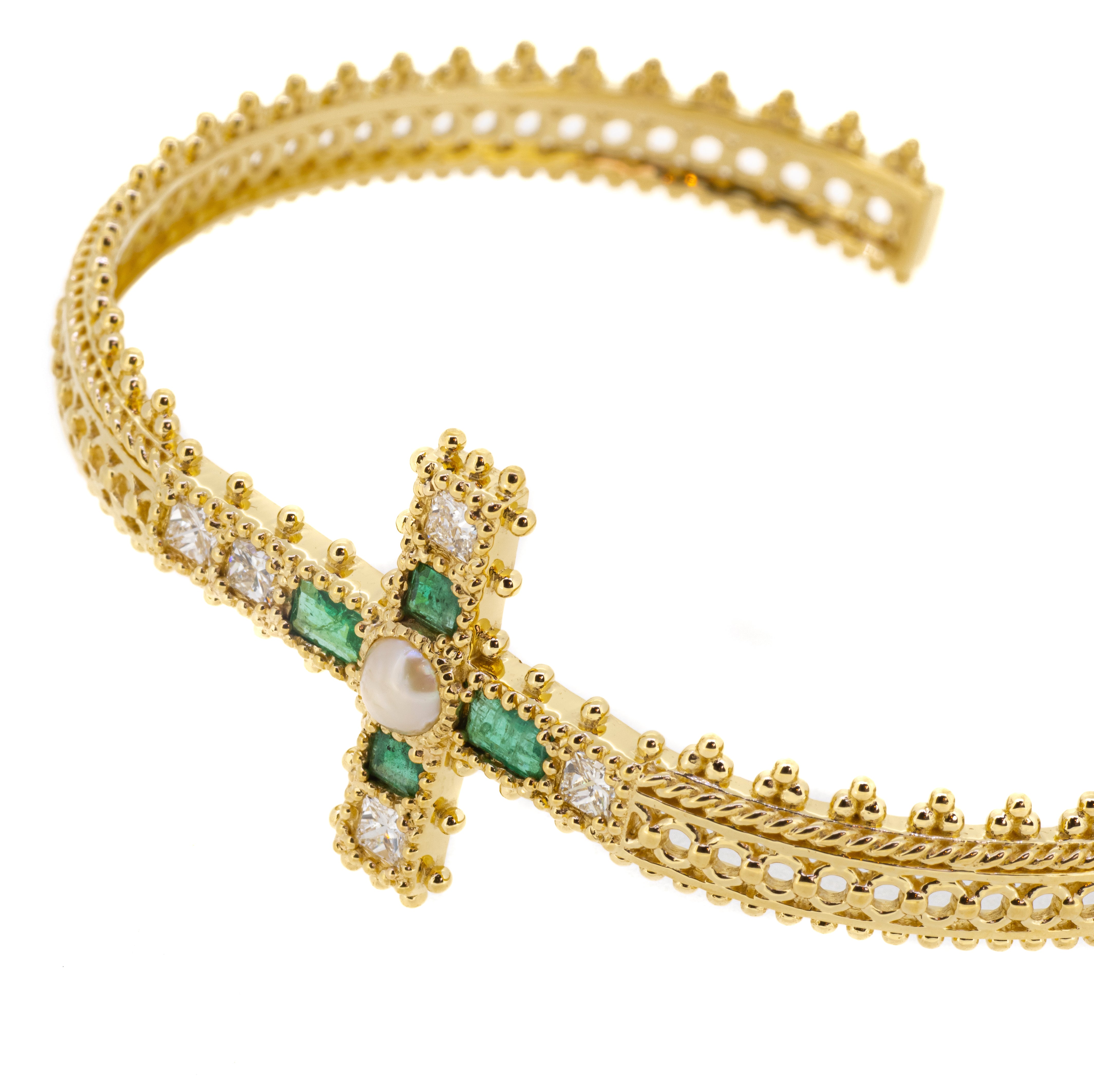 Jade Jagger jewelry Emerald cross bangle with pearls and diamonds