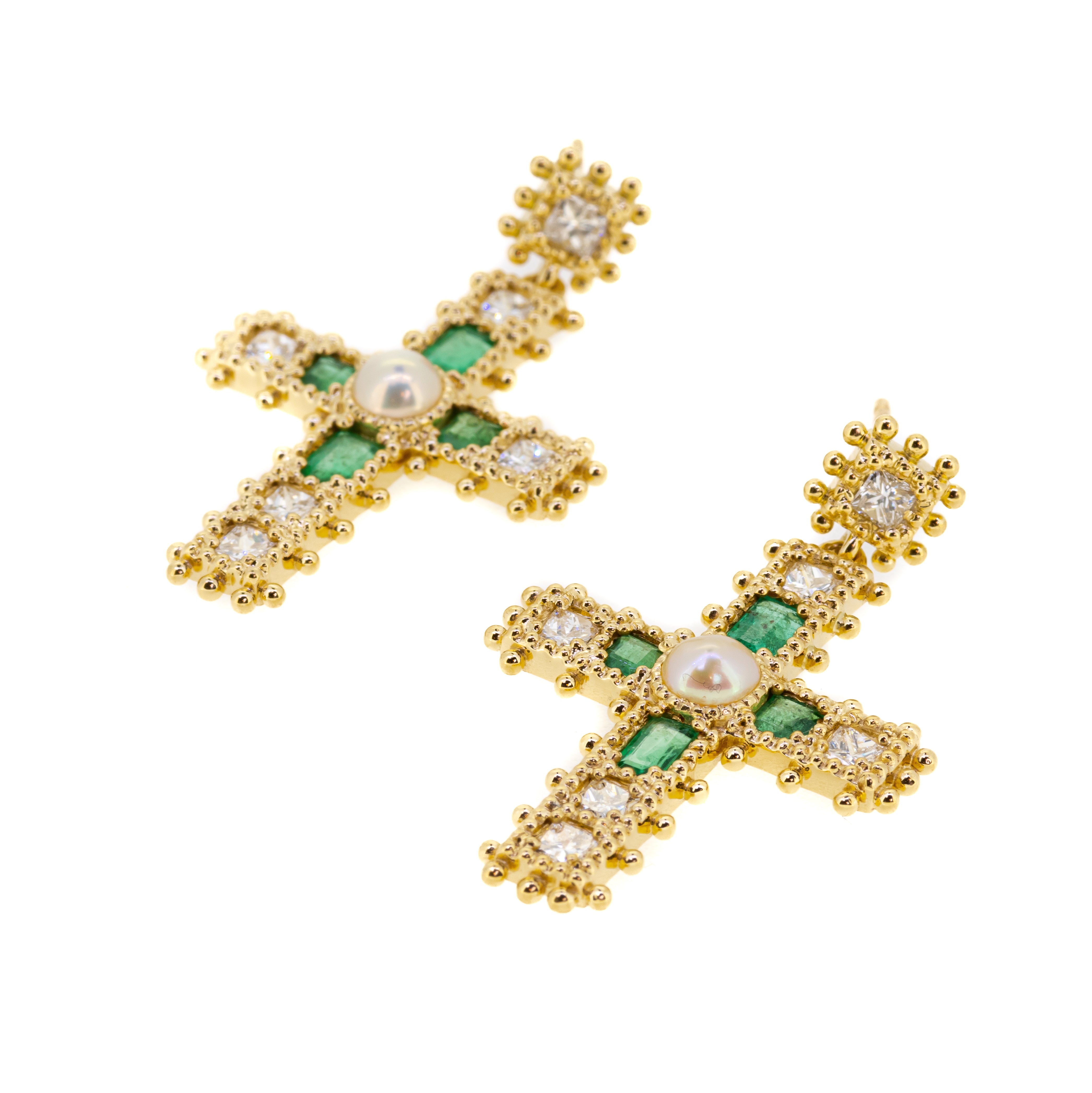18k gold earrings with emerald, pearls and diamonds by fine jewelry designer Jade Jagger