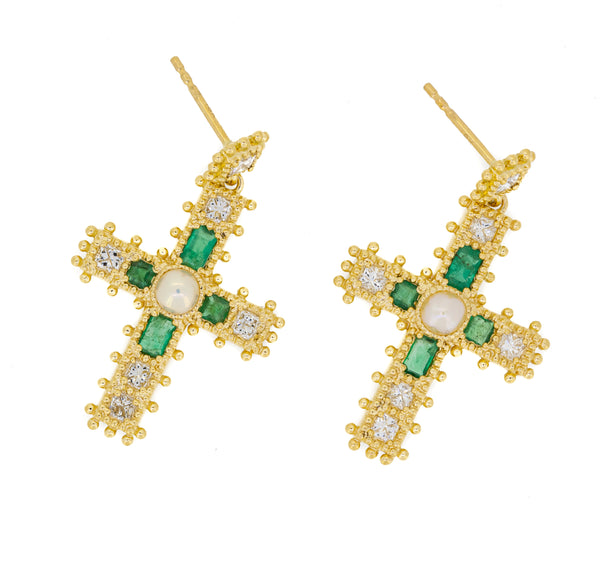 Emerald Madonna cross earrings with pearls and diamonds by Jade Jagger 
