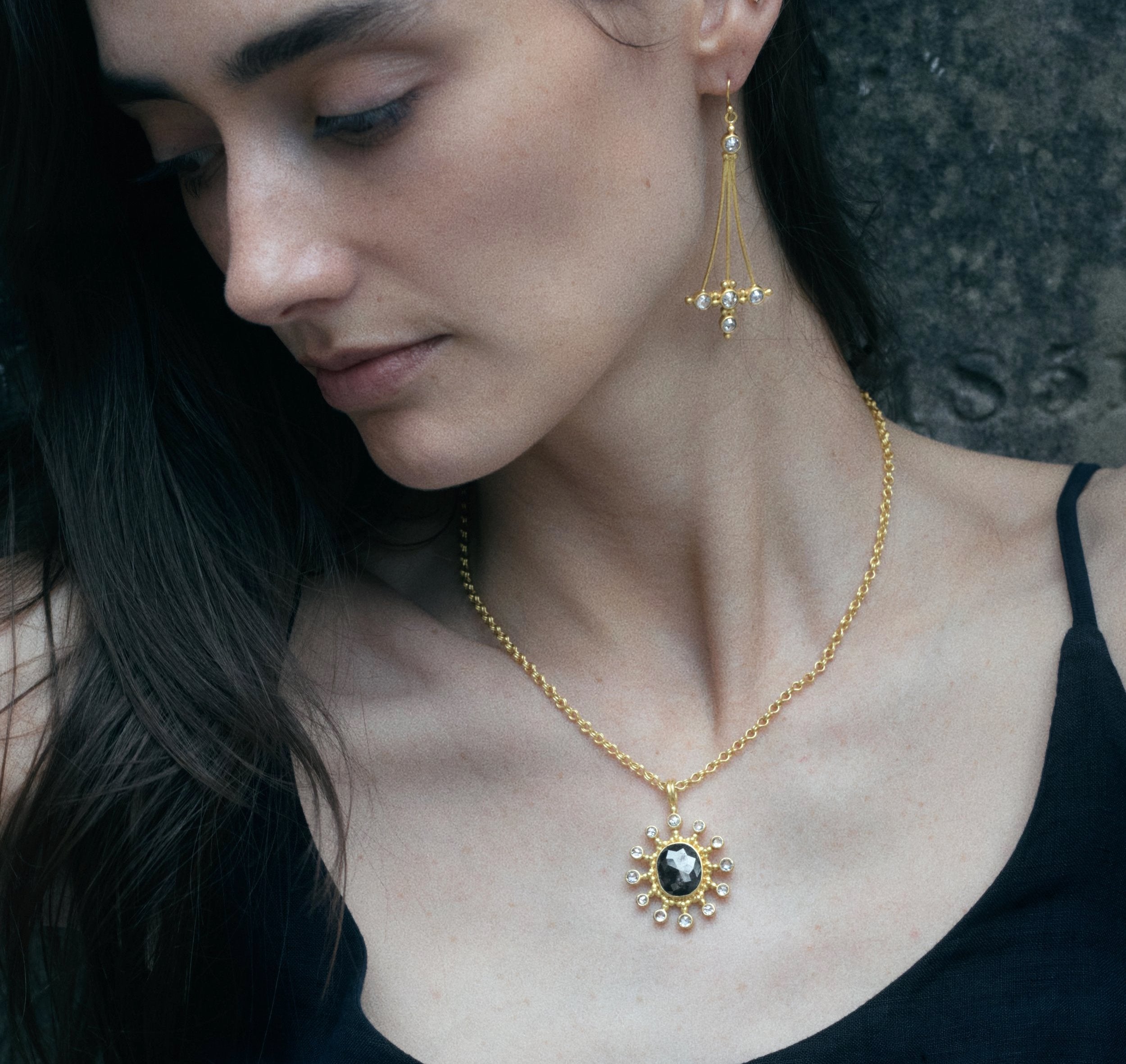 Natural Black Diamond Necklace in 22k gold by Linda Hoj
