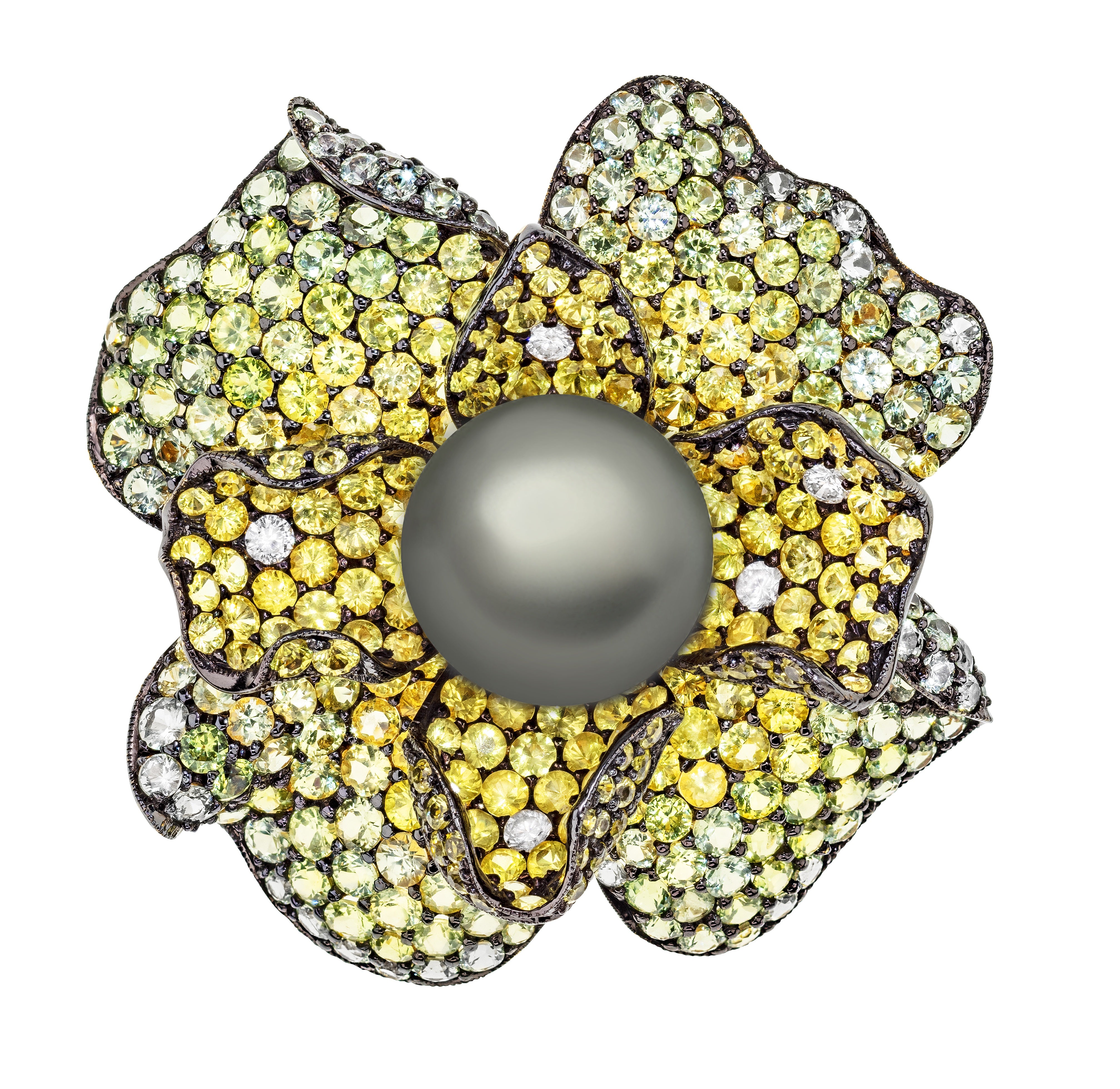 Italian jewelry house Sabbadini, 18k gold brooch, Tahiti pearl, diamond, sapphire pavé, heirloom.