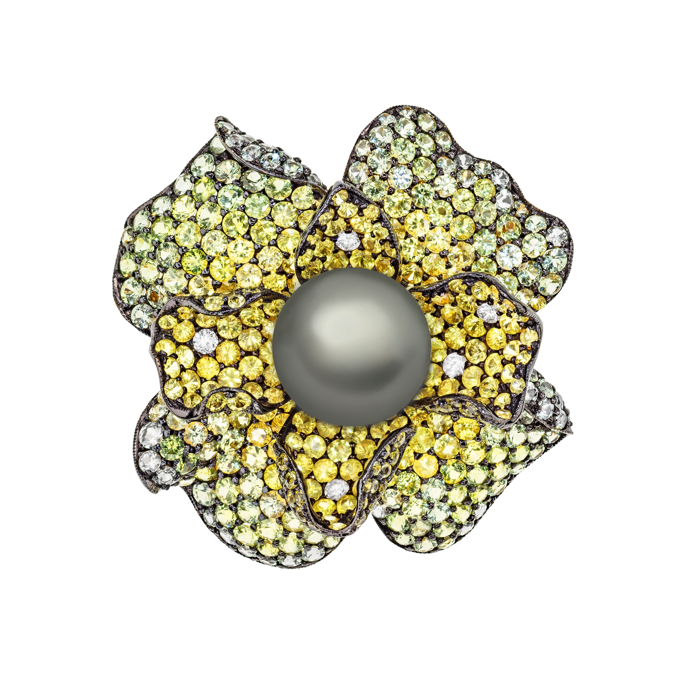 Italian jewelry house Sabbadini, 18k gold brooch, Tahiti pearl, diamond, sapphire pavé.
