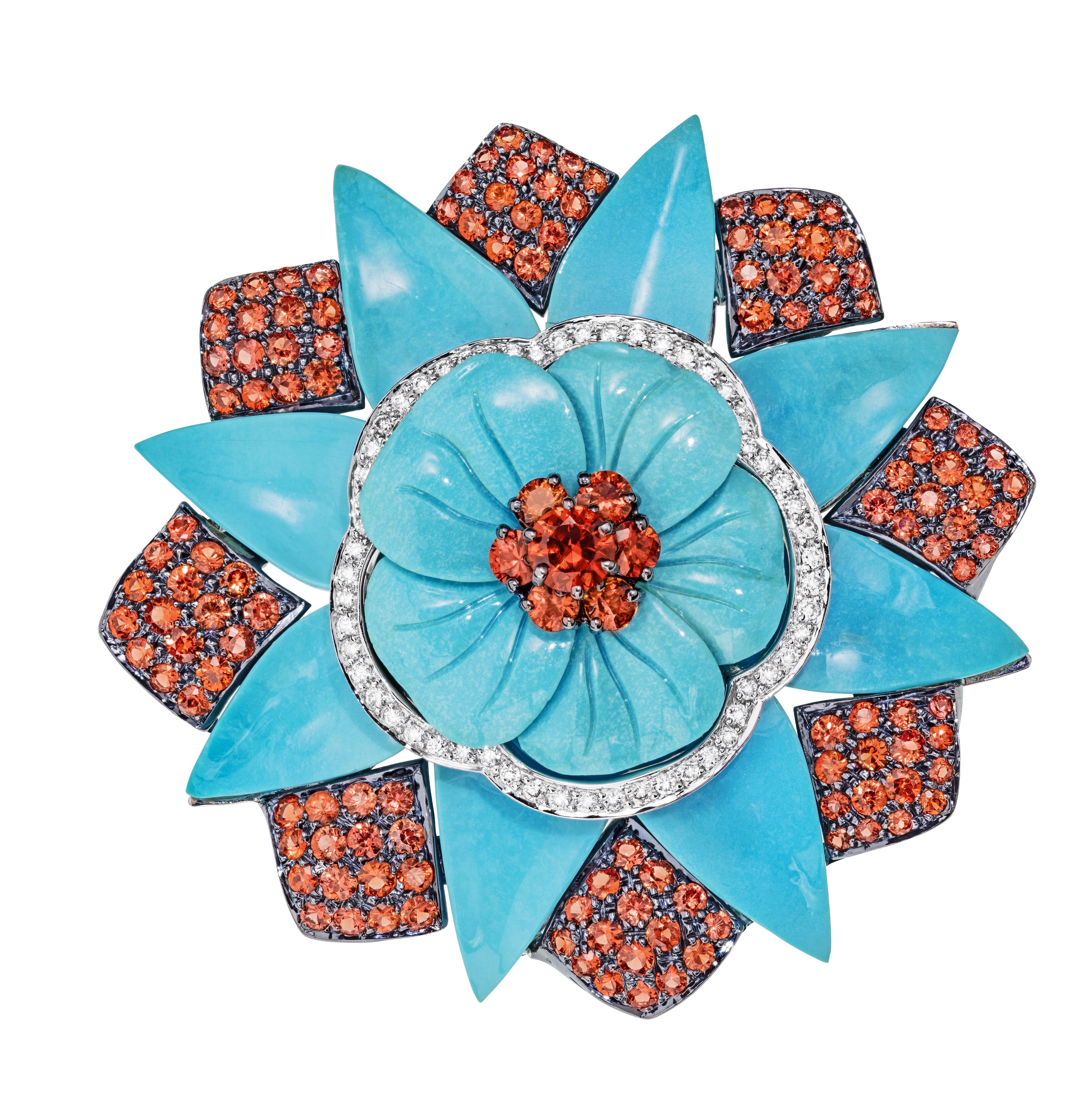 Sabbadini - 18k gold, sapphire, turquoise, diamond flower brooch