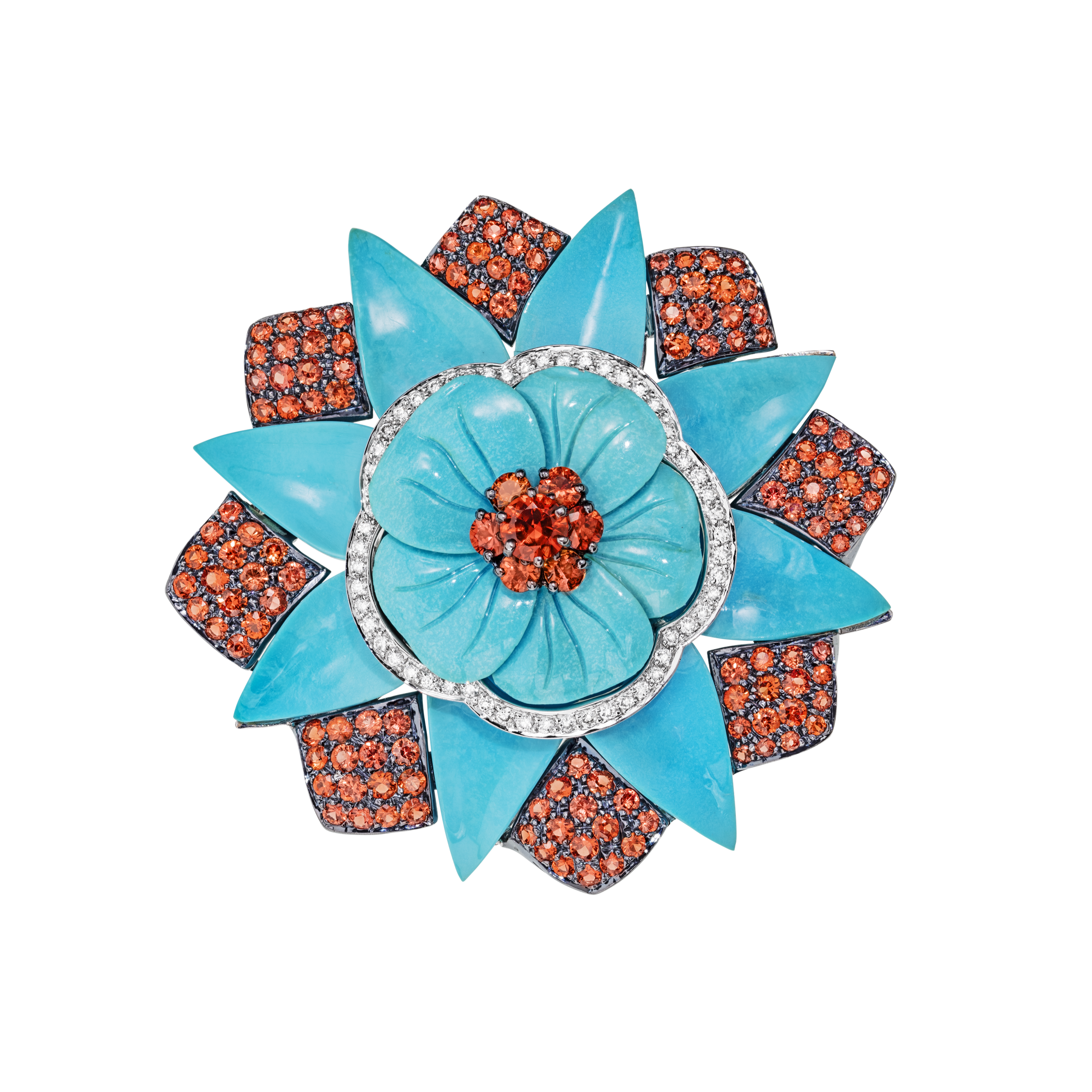 Sabbadini - 18k gold, sapphire, turquoise, diamond flower brooch