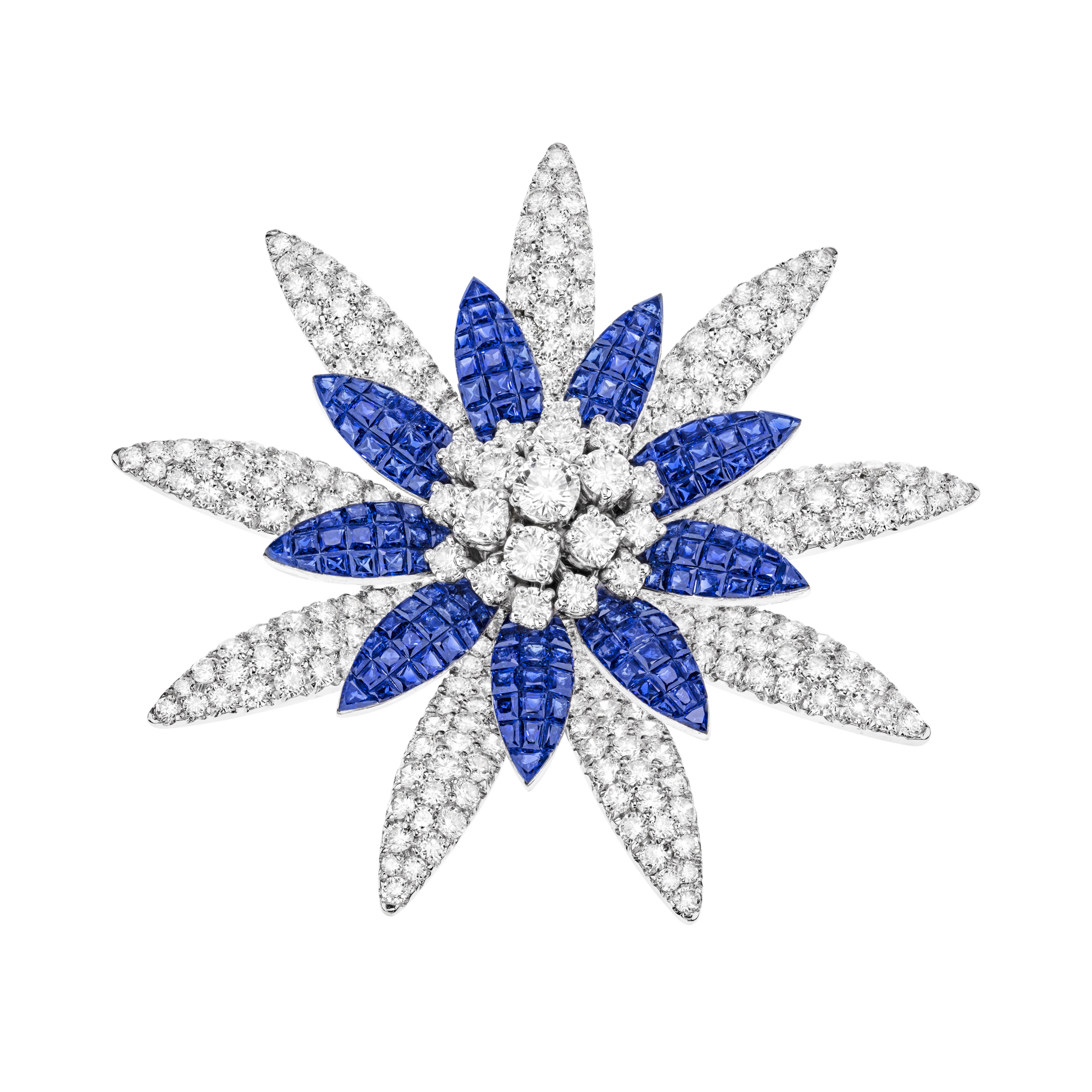 Italian jewelry house Sabbadini - 18k gold, sapphires, diamonds flower brooch - heirloom - art jewel