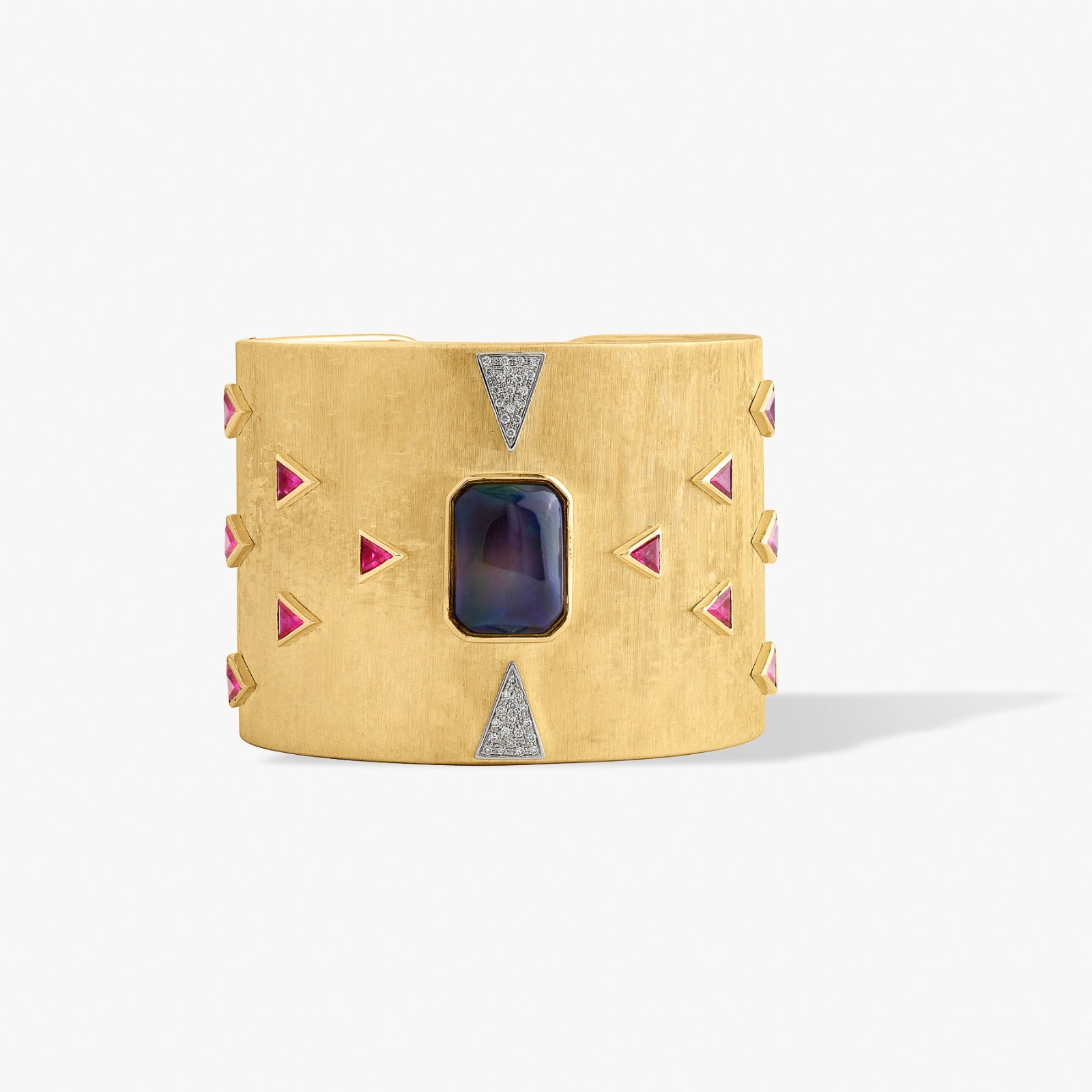 Dehya gold cuff by Ashaha Paris. 18k yellow gold, rubies, opal, diamonds.