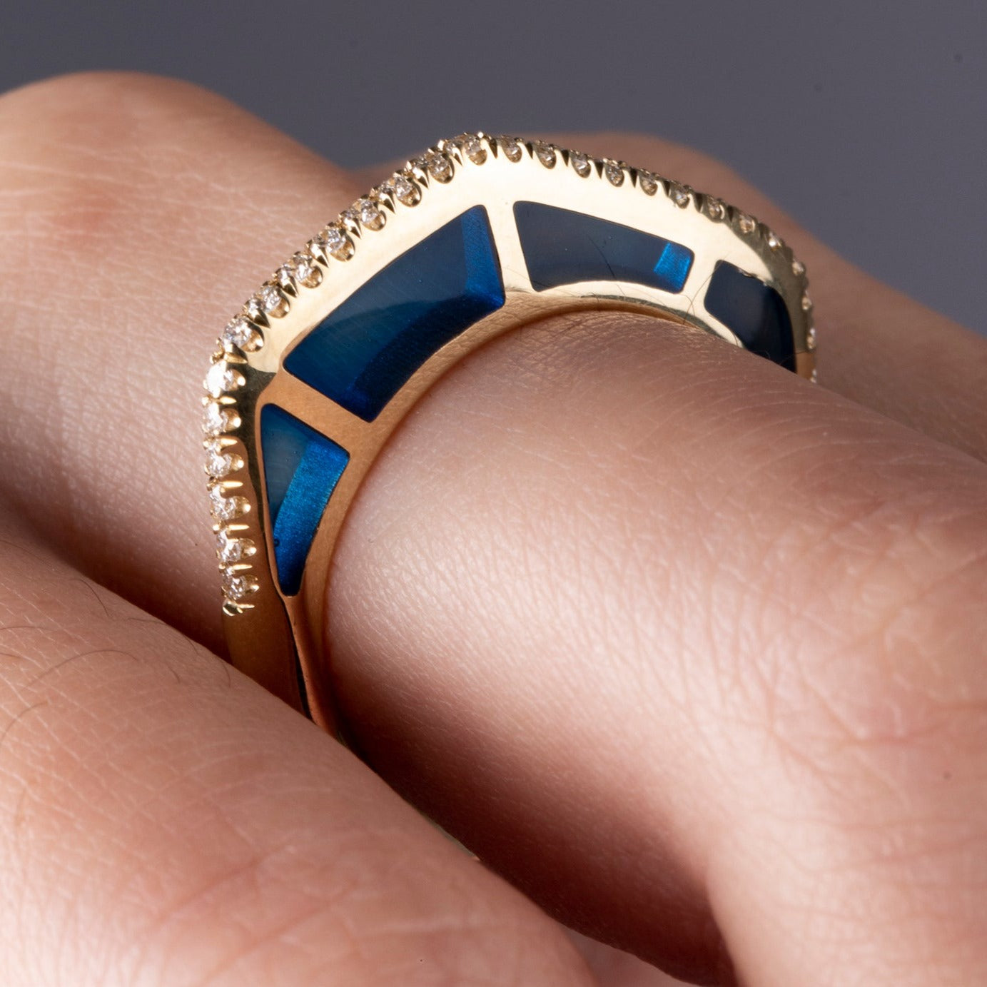 Diamond Blue Enamel Gold Ring by fine jewelry designer Andy Lif