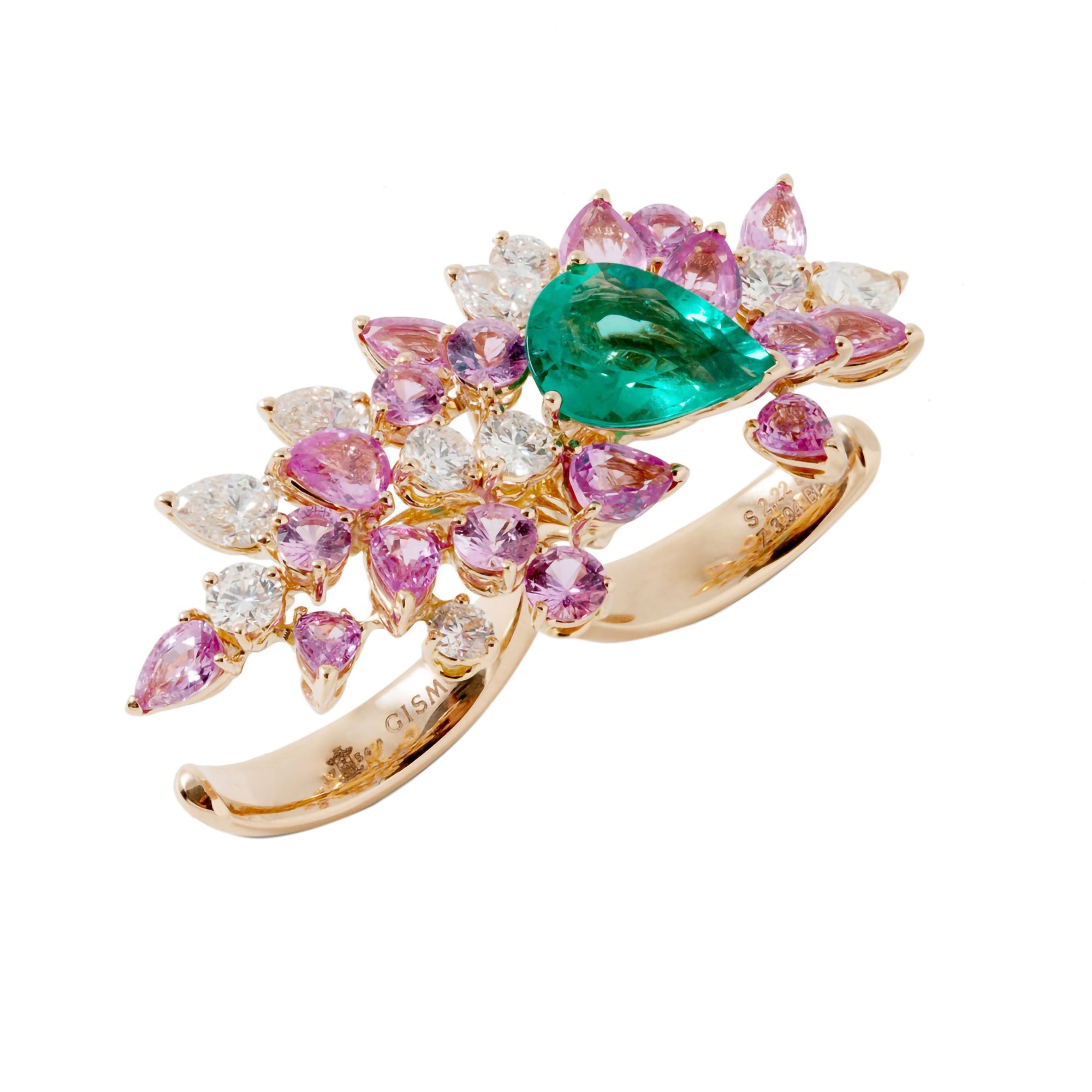 High Jewelry Maison Gismondi 1754, double Ring 18k gold with Emerald Pink Sapphires Diamonds