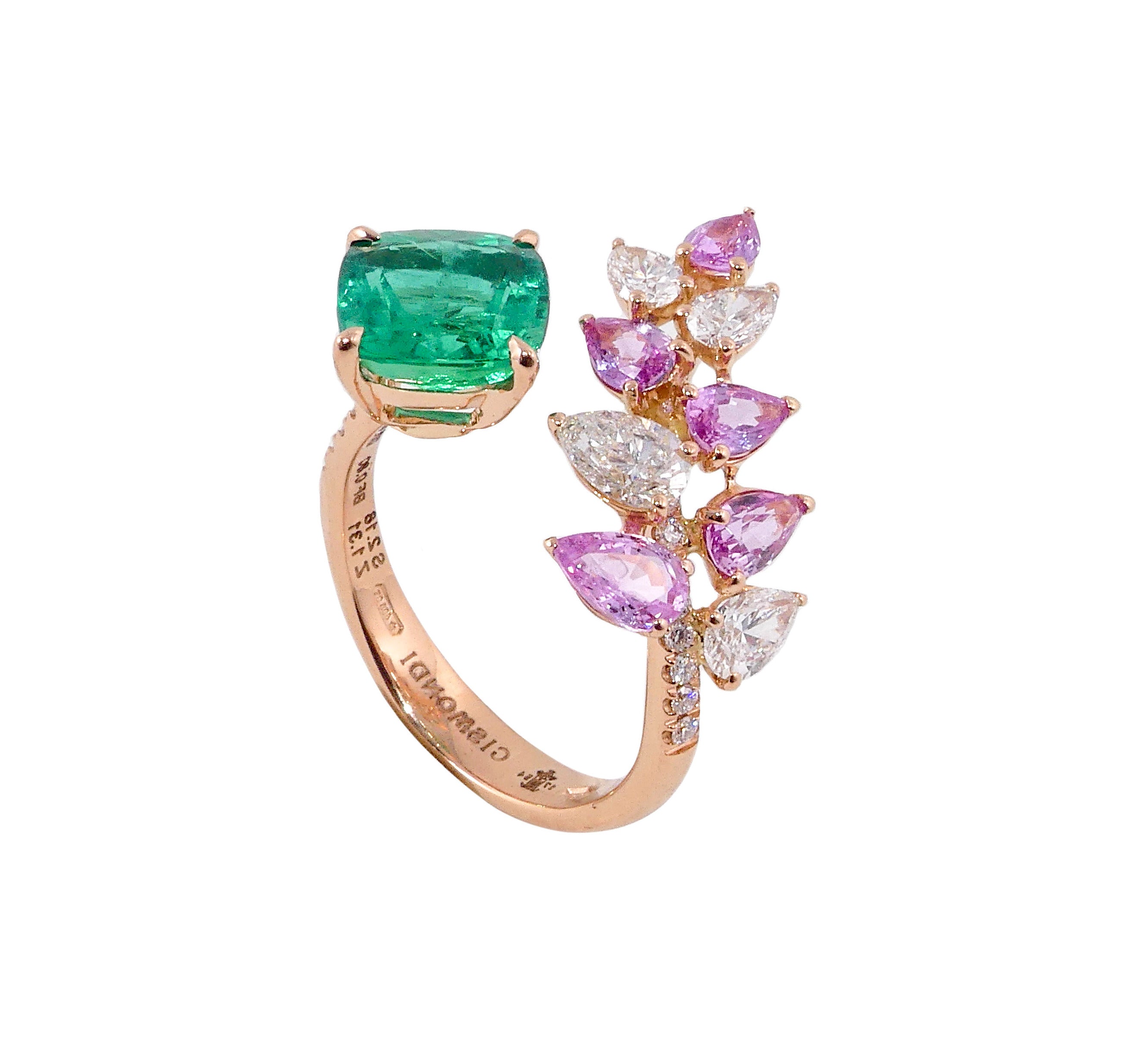 Gismondi 1754, rose gold ring with Emerald, Pink Sapphires, Diamonds