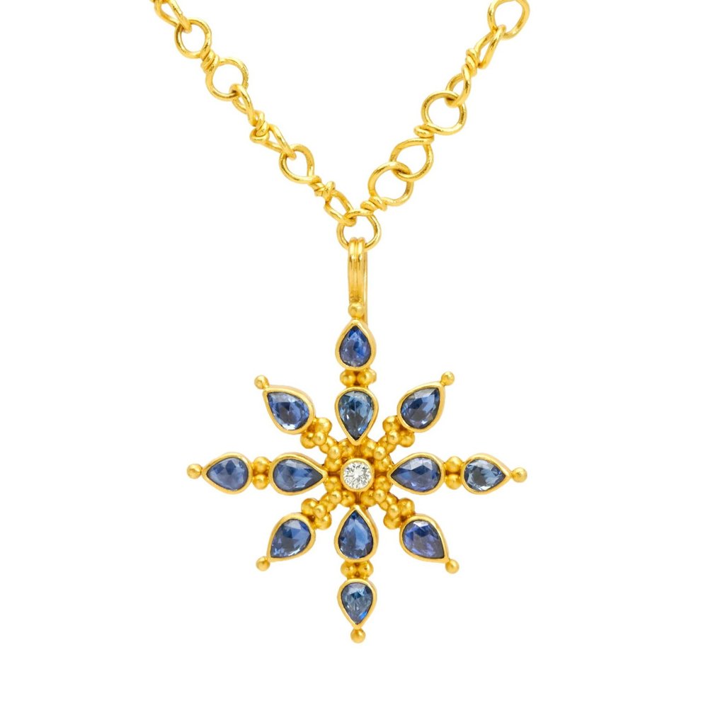 Sapphire Diamond 22 karat gold necklace by fine jewelry designer Linda Hoj