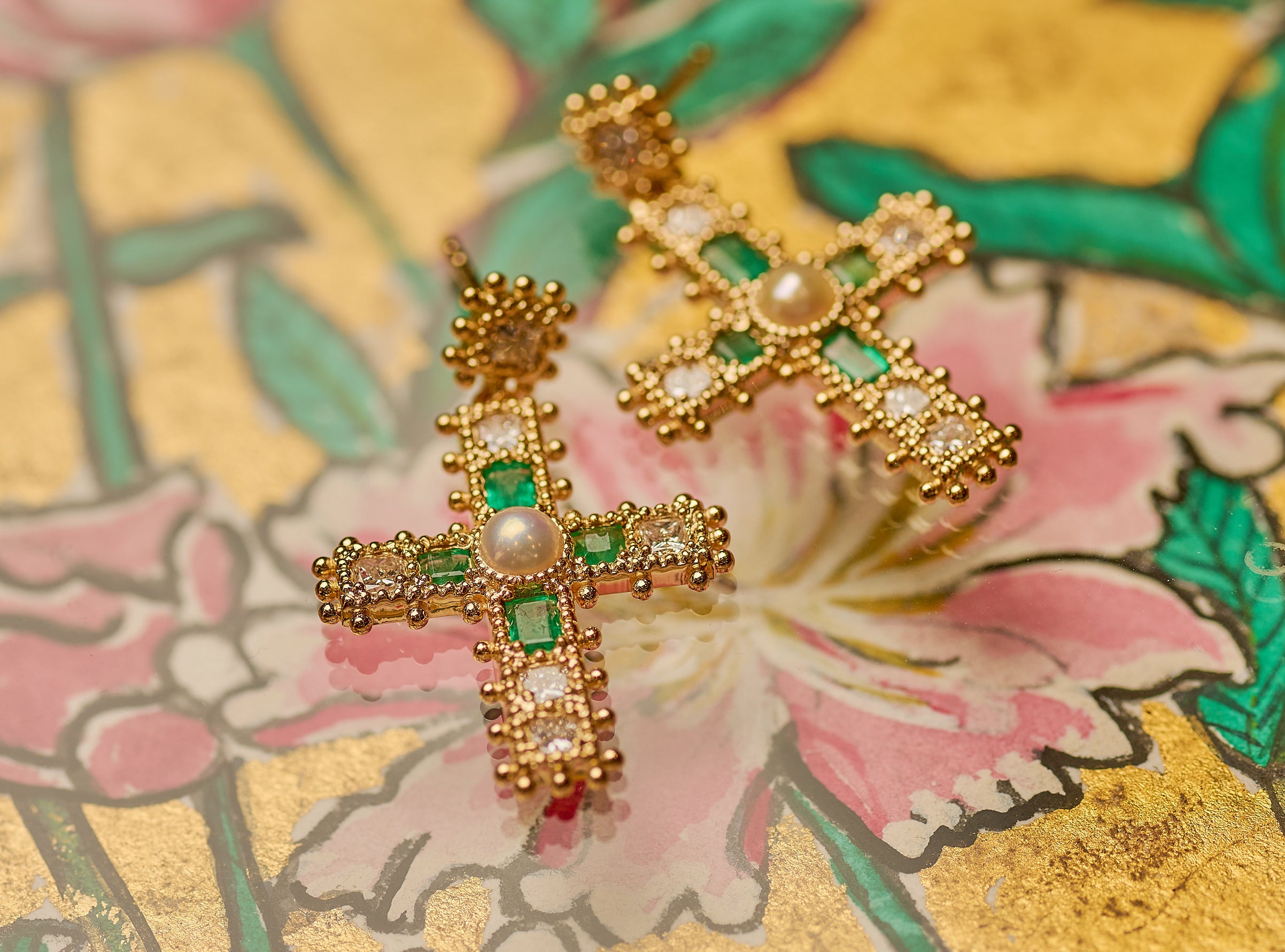 18k gold earrings with emerald, pearls and diamonds by fine jewelry designer Jade Jagger