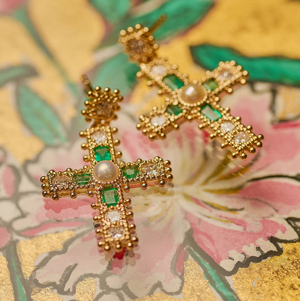 Emerald Madonna cross earrings with pearls and diamonds by Jade Jagger 