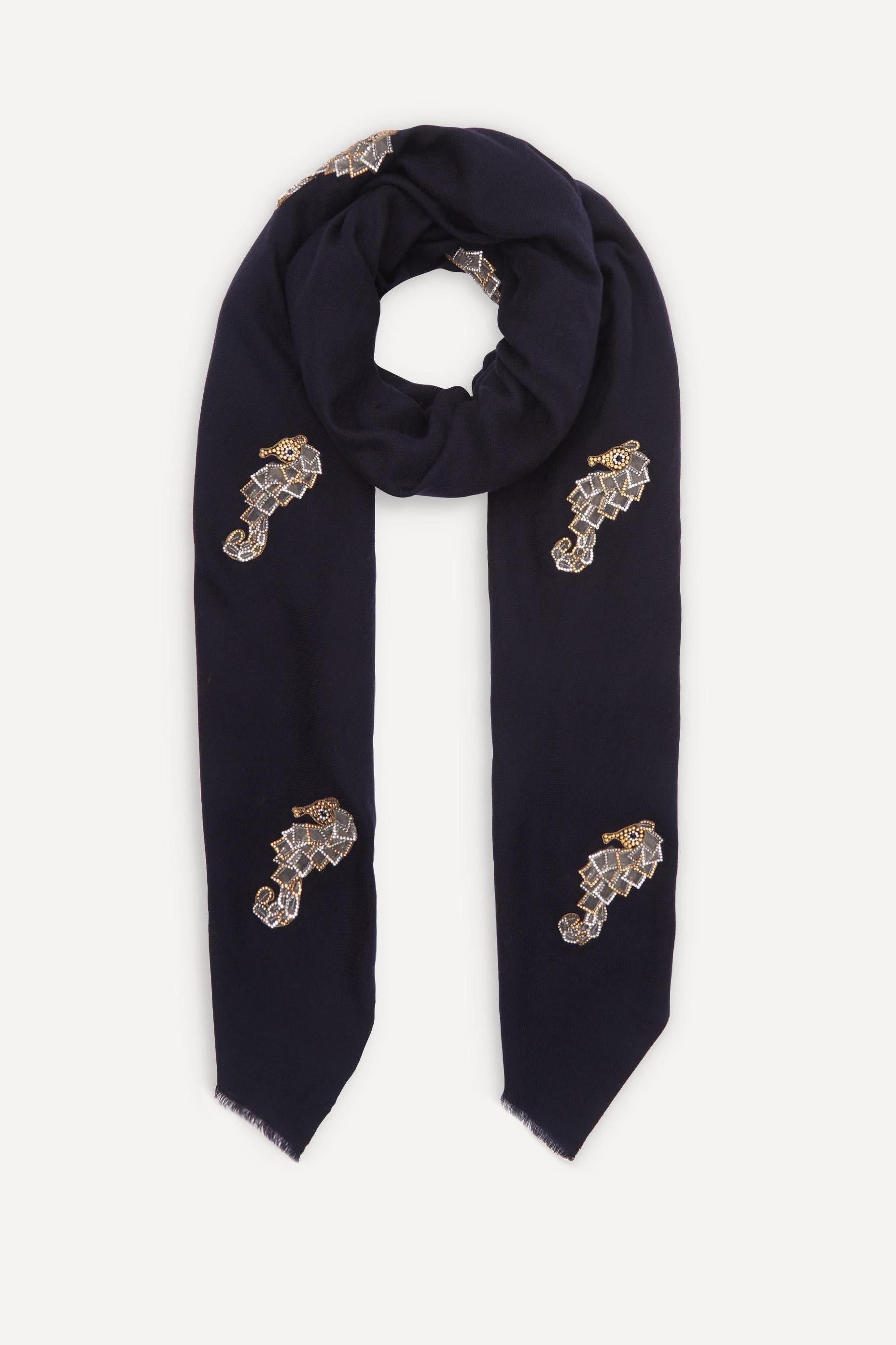 Hand-embroidered navy wool scarf with seahorse motif by JANAVI INDIA