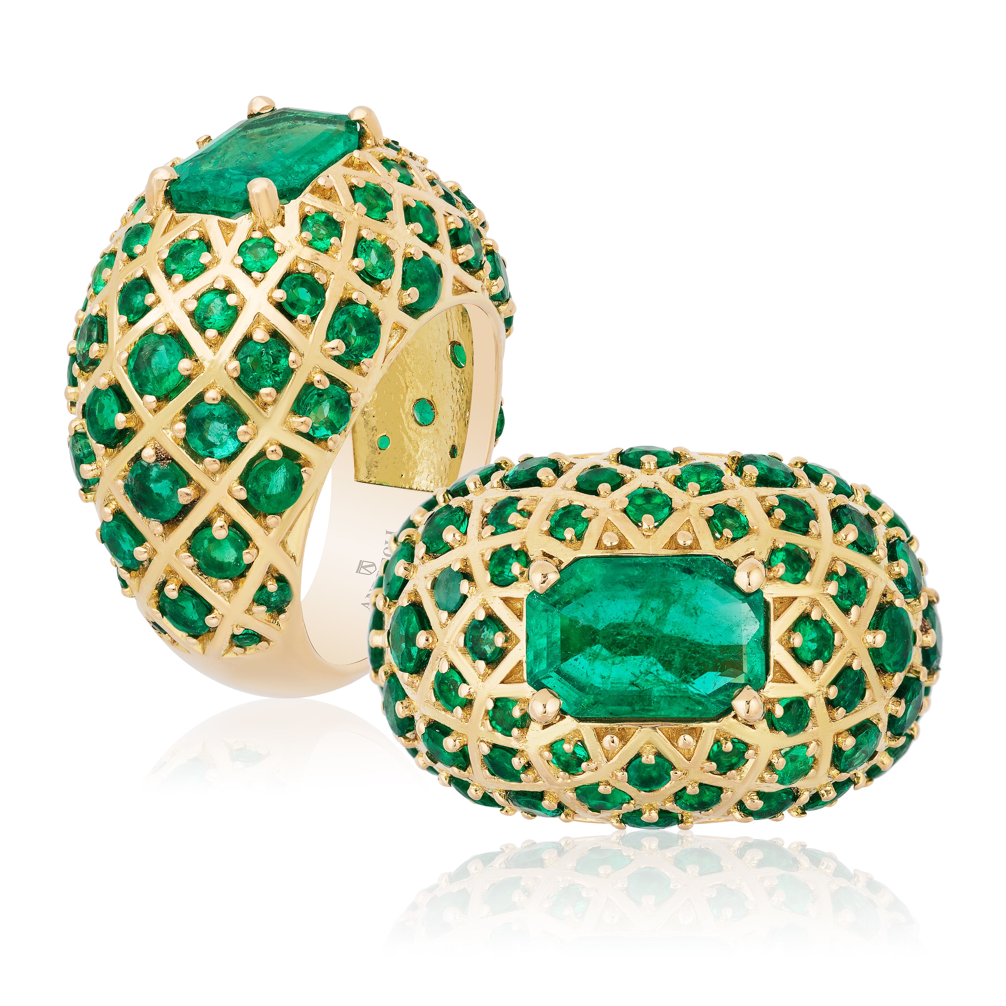 One-of-a-kind emerald yellow gold chequer ring by American purveyor of haute joaillerie Andreoli