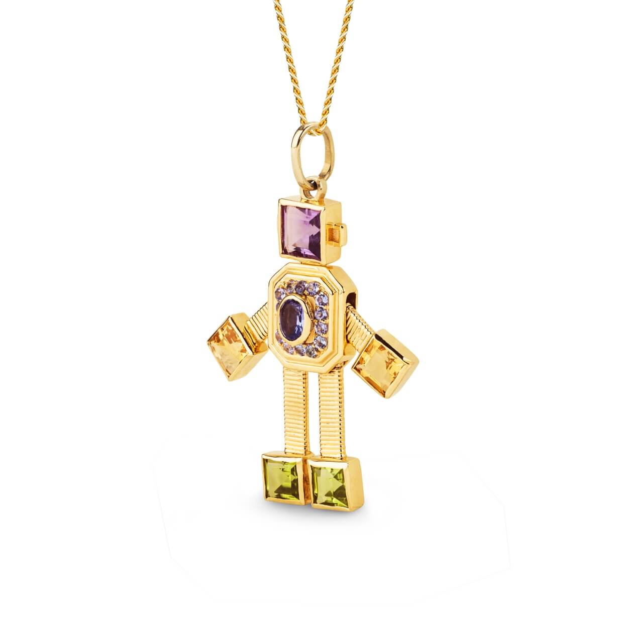 18 karat yellow gold articulated robot pendant by fine jewelry designer Tatiana Van Lancker