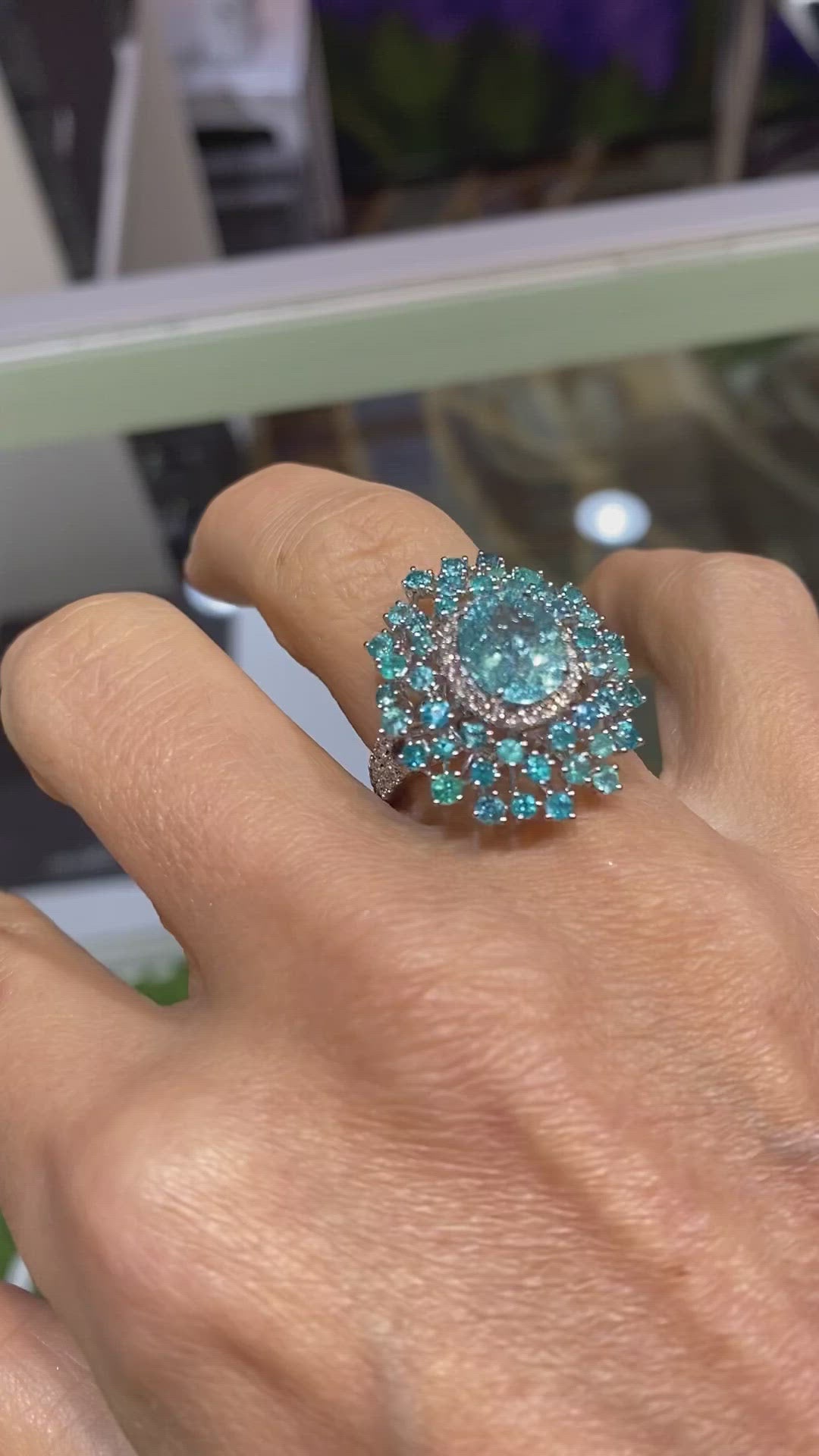 Paraiba tourmaline and diamond couture ring by award winning fine jewelry designer Graziela Gems.