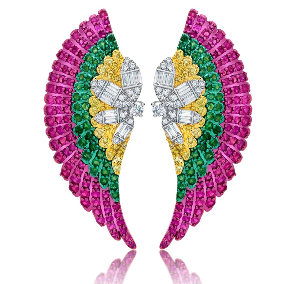 Diamond, Ruby, Emerald Wings Earrings by fine jewelry designer Graziela
