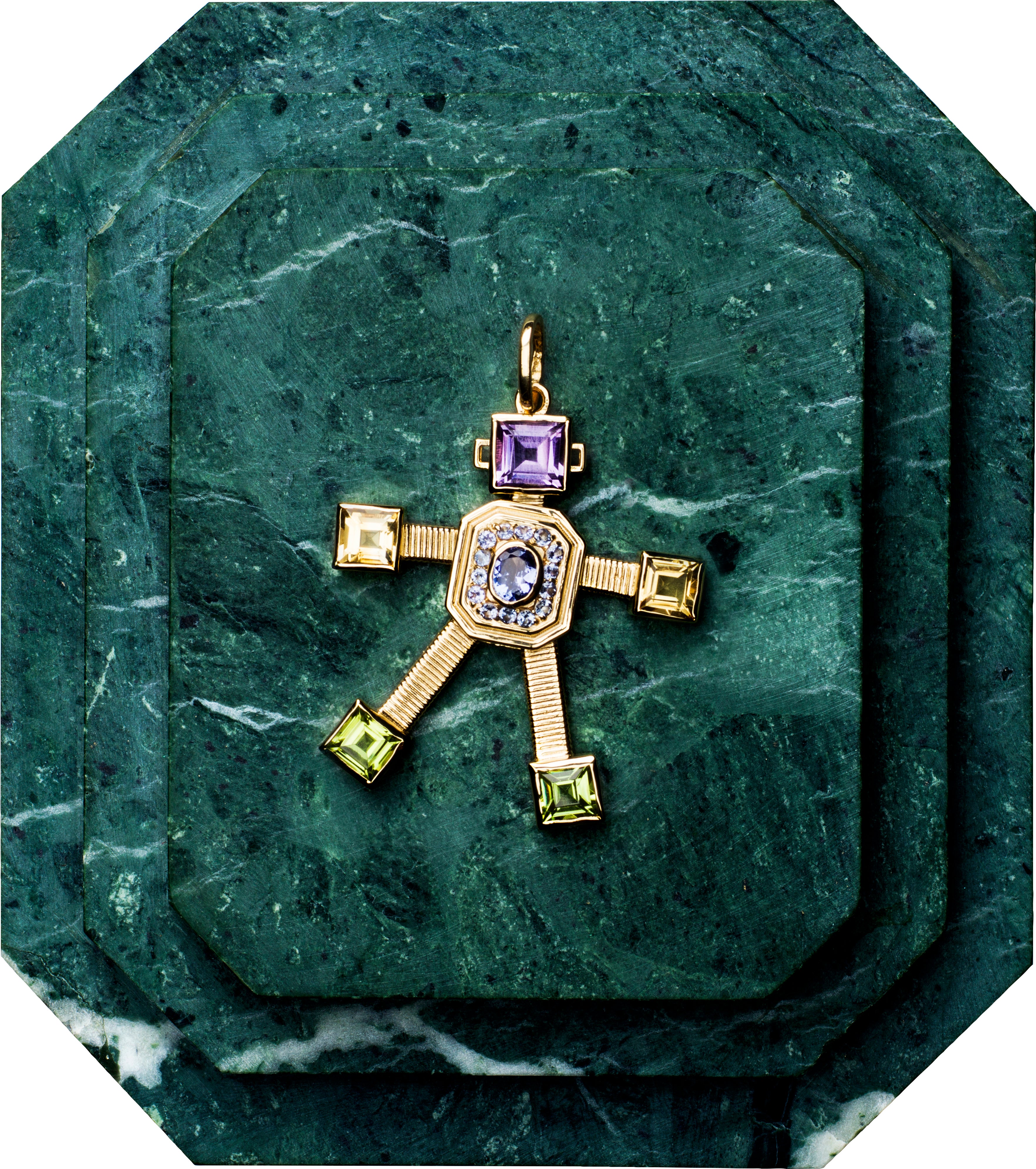 18 karat yellow gold articulated robot pendant by fine jewelry designer Tatiana Van Lancker