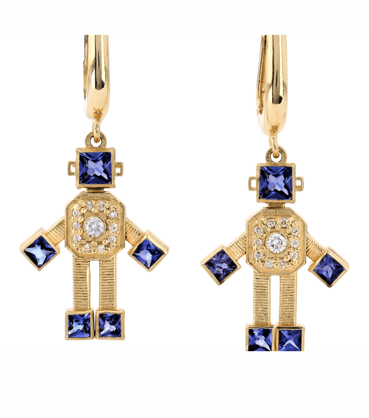 18 karat yellow gold articulated earrings with eclipse hoops, by fine jewelry designer Tatiana Van Lancker