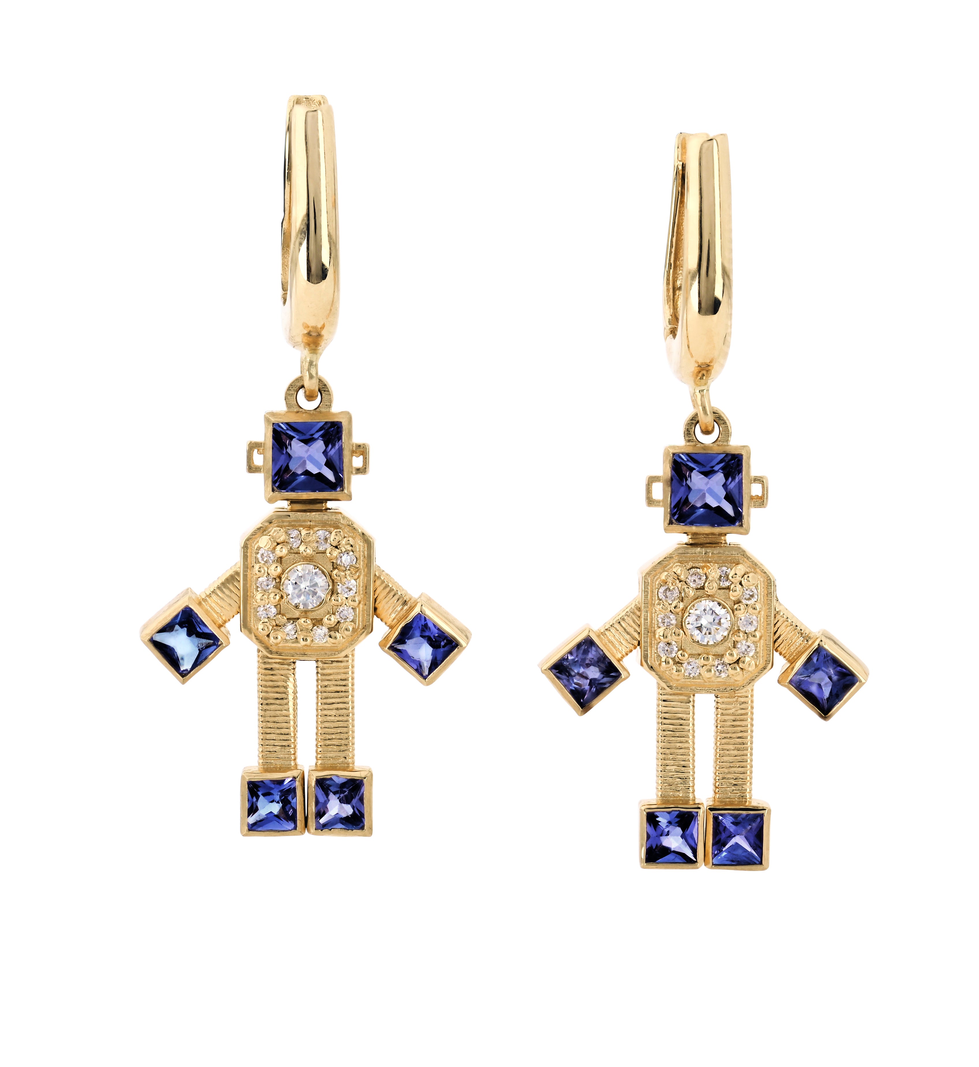 18 karat yellow gold articulated earrings with eclipse hoops, by fine jewelry designer Tatiana Van Lancker
