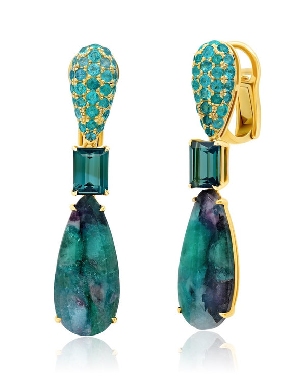 Paraiba Tourmaline couture statement earrings in 18 karat gold, a contemporary fine jewelry design by Graziela 