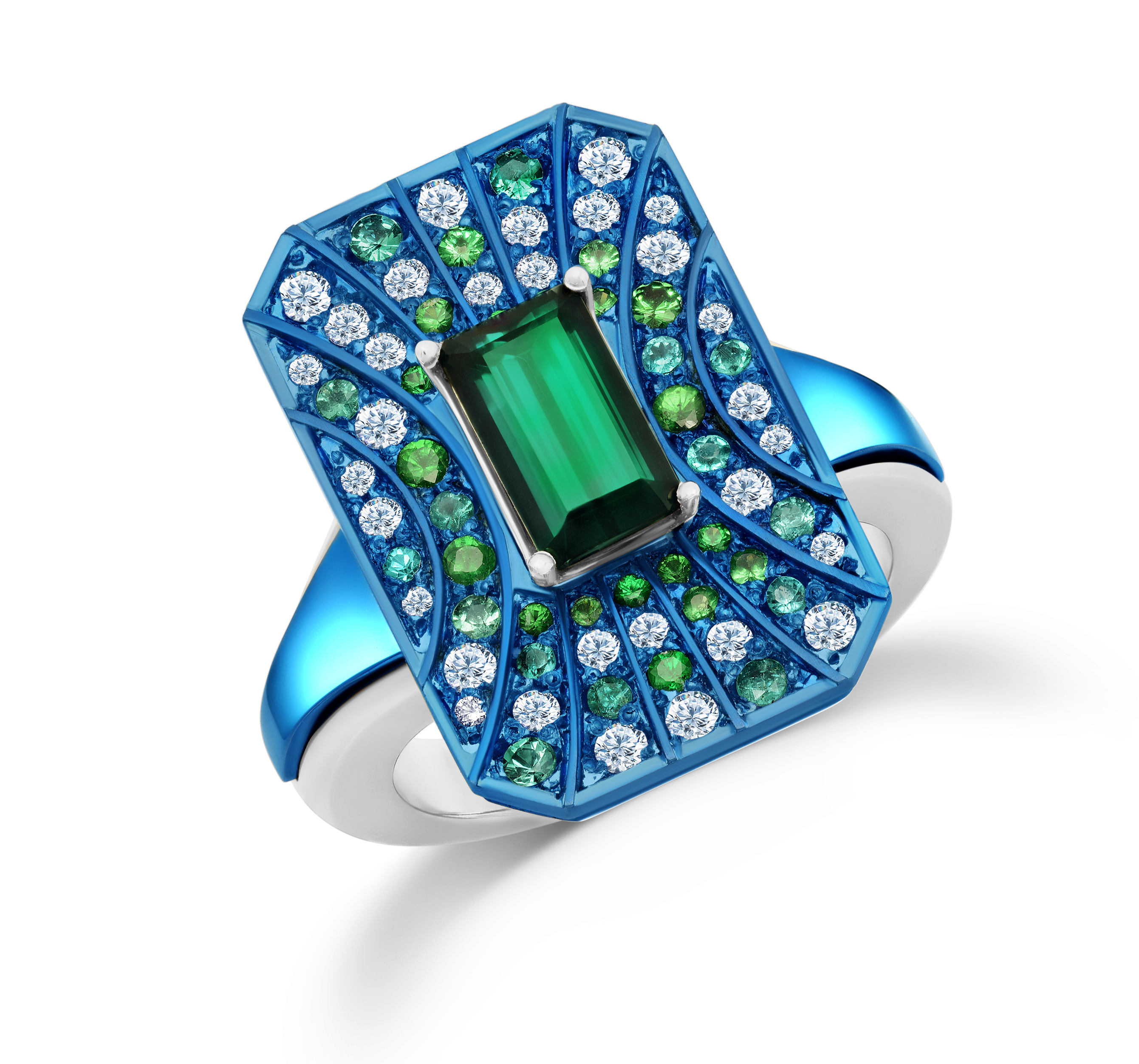 Diamond, titanium, paraiba tourmaline couture ring, a contemporary fine jewelry design by Graziela