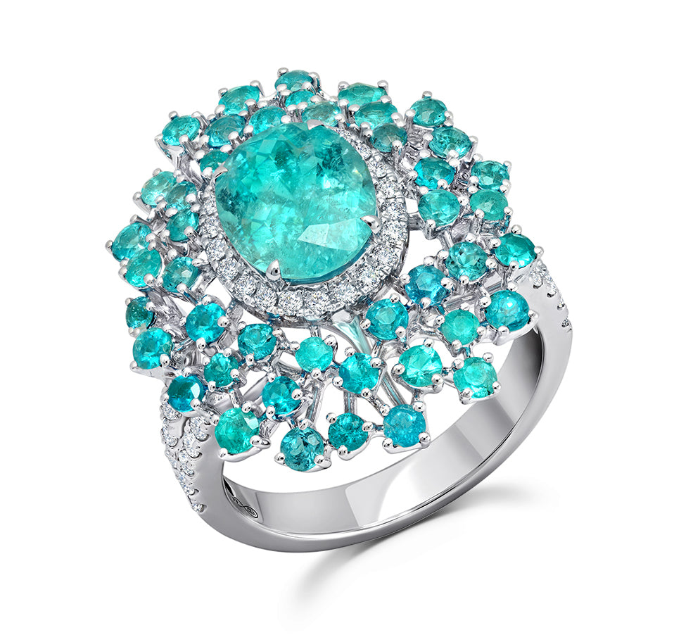Paraiba tourmaline and diamond couture ring by award winning fine jewelry designer Graziela Gems.
