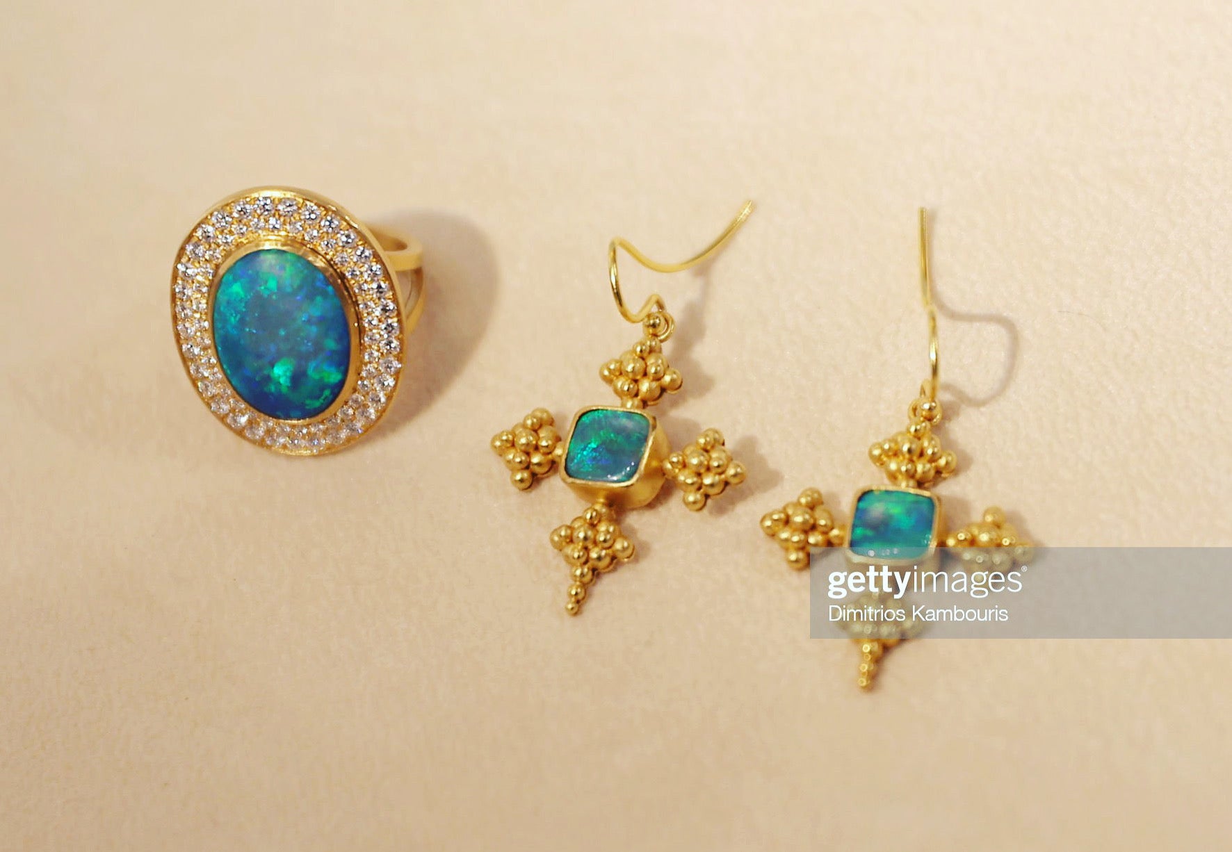 22 karat gold ring with large natural Australian opal and Diamonds by fine jewelry designer Linda Hoj