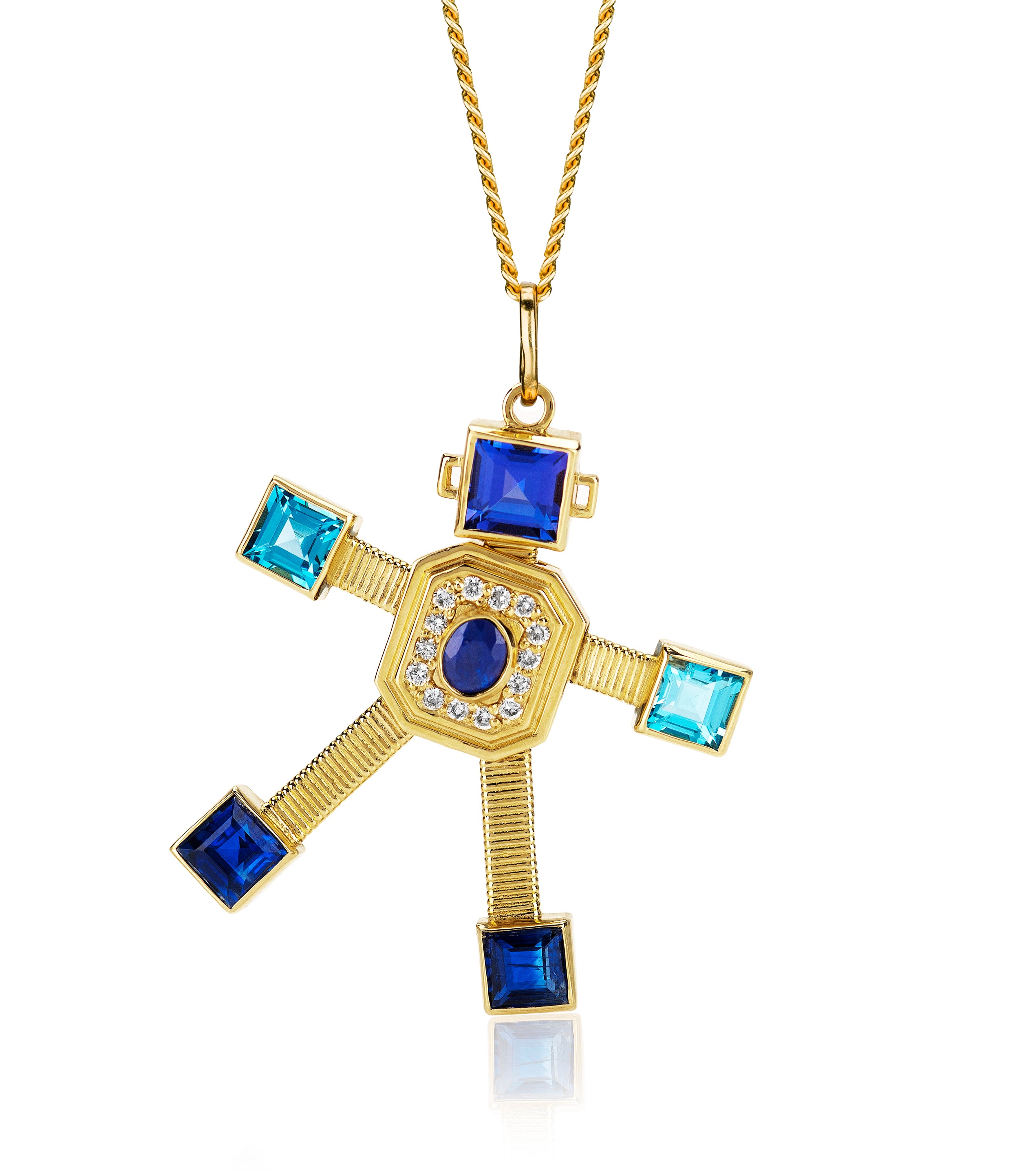 18 karat yellow gold articulated robot pendant by fine jewelry designer Tatiana Van Lancker, VAN