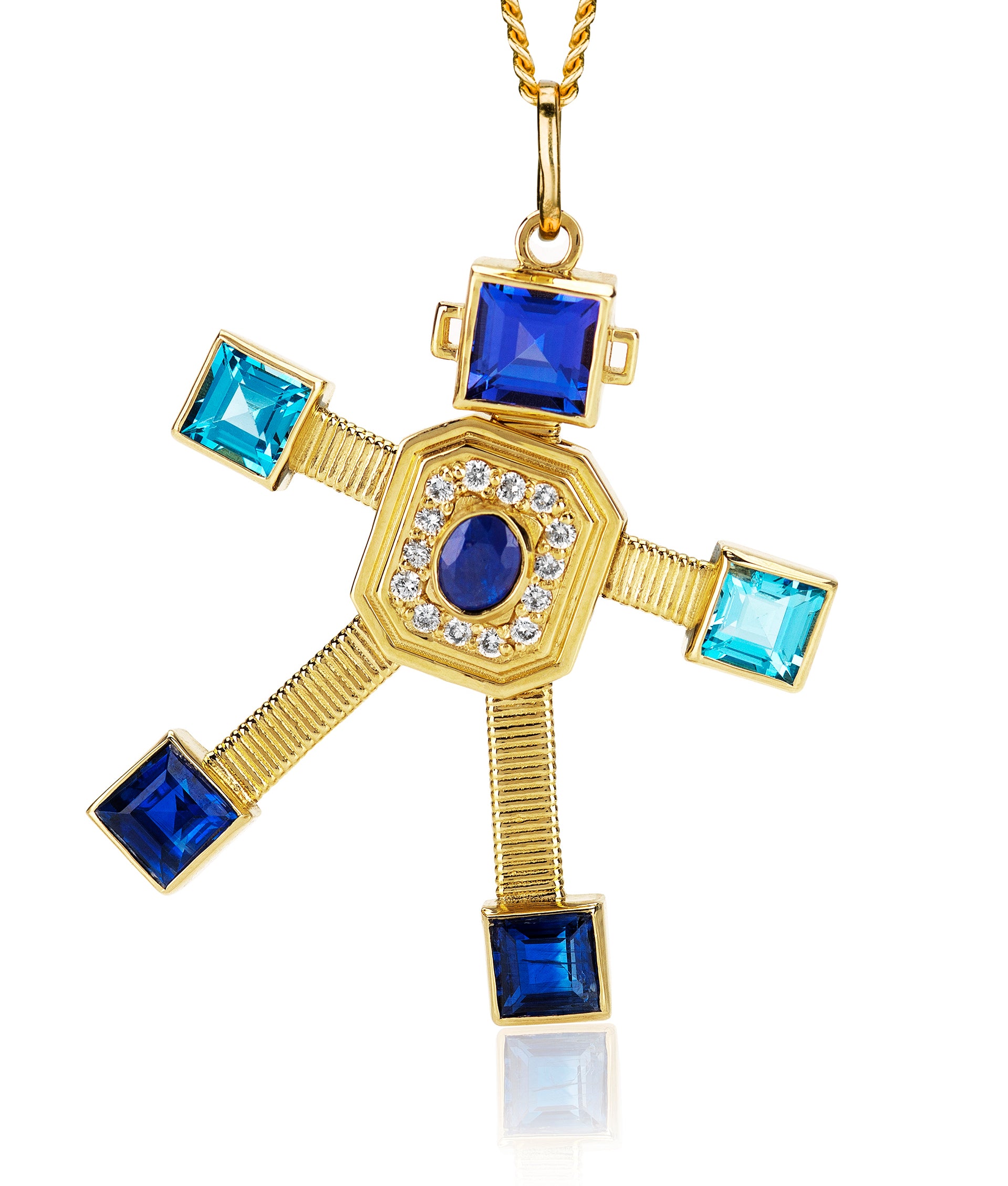 18 karat yellow gold articulated robot pendant by fine jewelry designer Tatiana Van Lancker