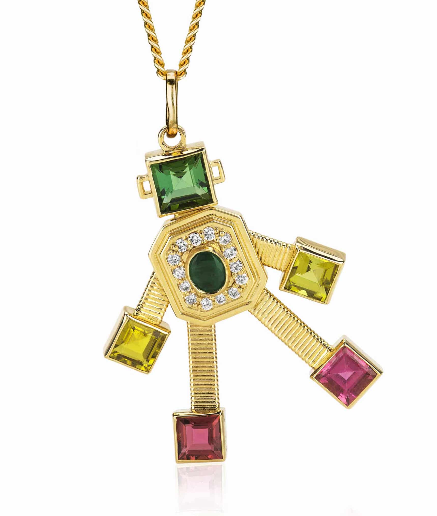 18 karat yellow gold articulated robot pendant by fine jewelry designer Tatiana Van Lancker