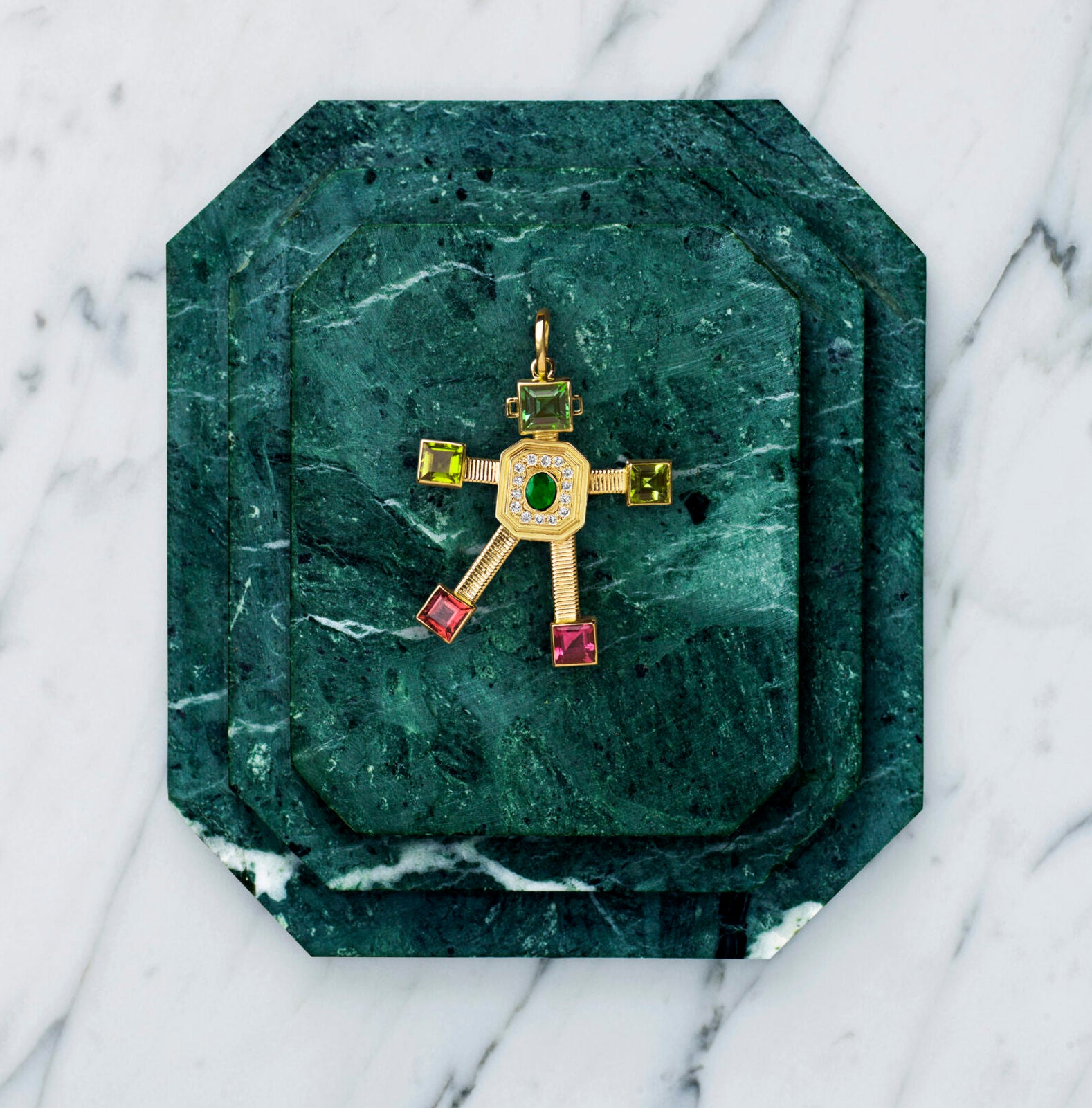 18 karat yellow gold articulated robot pendant by fine jewelry designer Tatiana Van Lancker