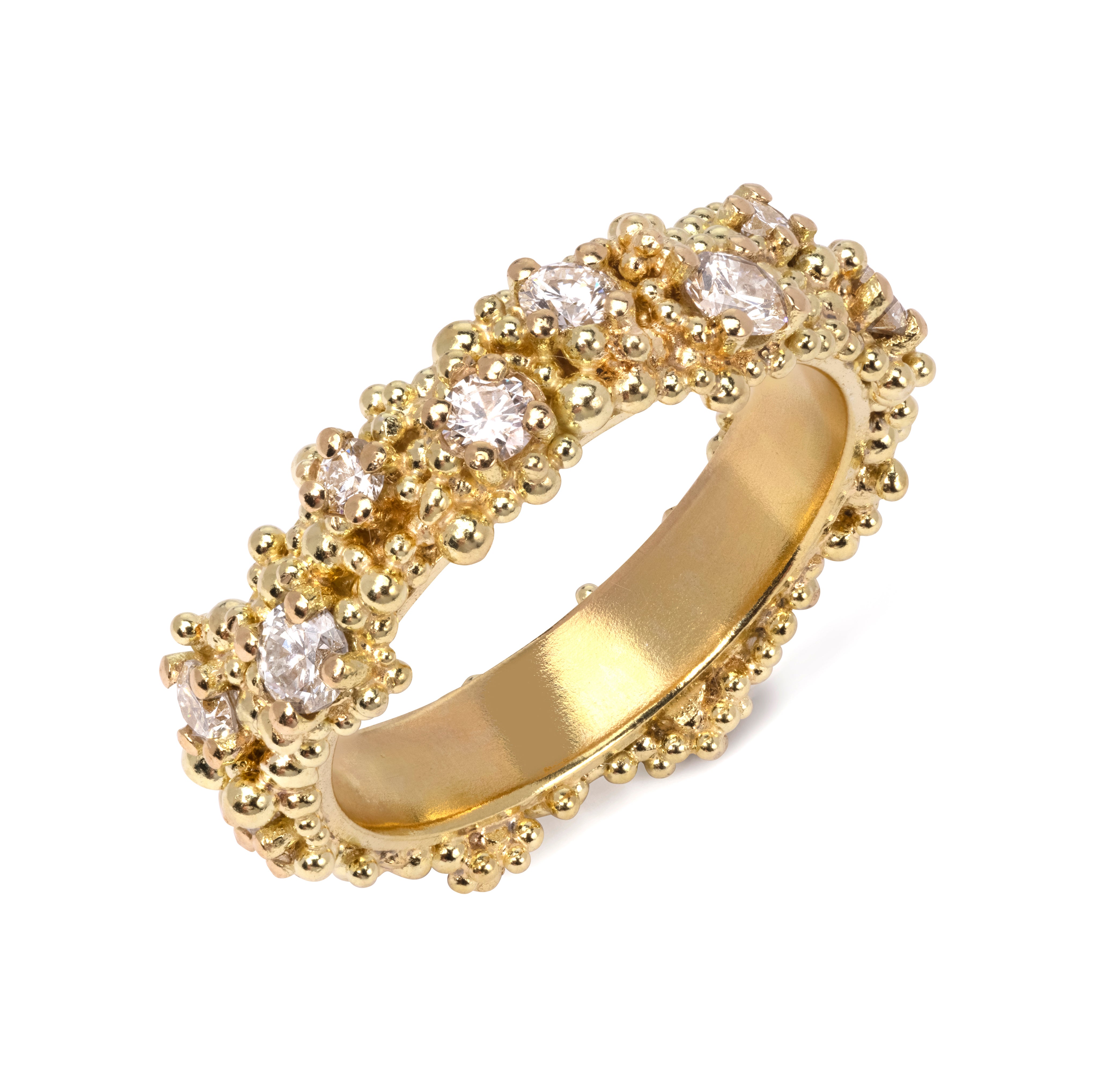 18 karat gold one-of-a-kind diamond ring with granulation  by contemporary fine jewelry designer Hannah Bedford