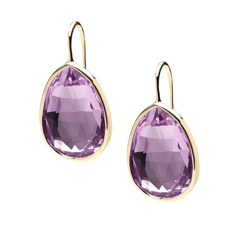 Amethyst pear shape earrings on wire in 18 karat yellow gold by fine jewelry designer Goshwara.