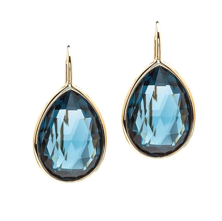 Blue Topaz pear shape earrings on wire in 18 karat yellow gold by fine jewelry designer Goshwara