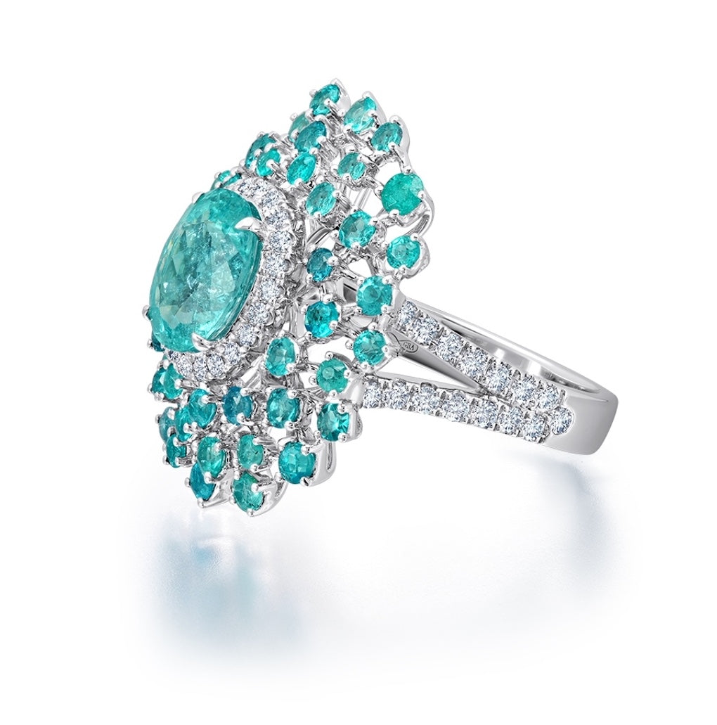 Paraiba tourmaline and diamond couture ring by award winning fine jewelry designer Graziela Gems.