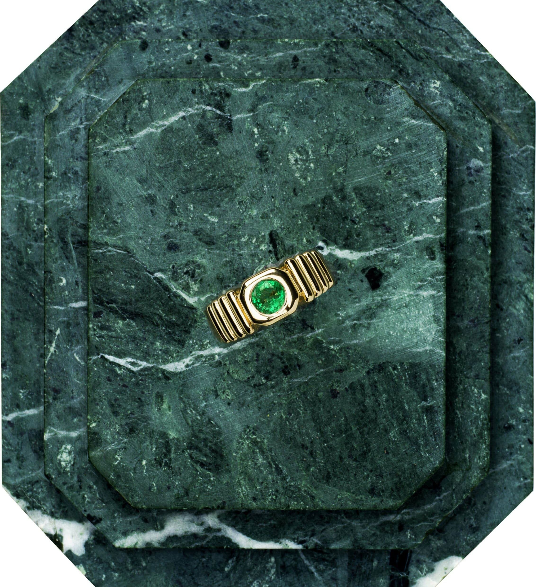 18 karat yellow gold emerald ring by fine jewelry designer Tatiana Van Lancker.