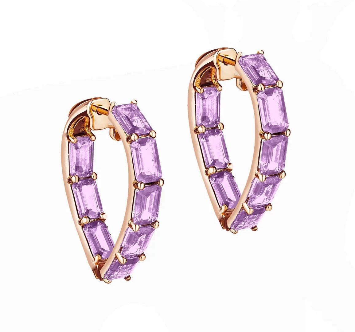 Lavender Amethyst heart shape hoop earrings in 18 karat yellow gold by fine jewelry designer Goshwara