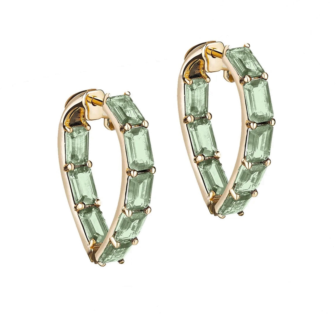 Prasiolite heart shape hoop earrings in 18 karat yellow gold by fine jewelry designer Goshwara.
