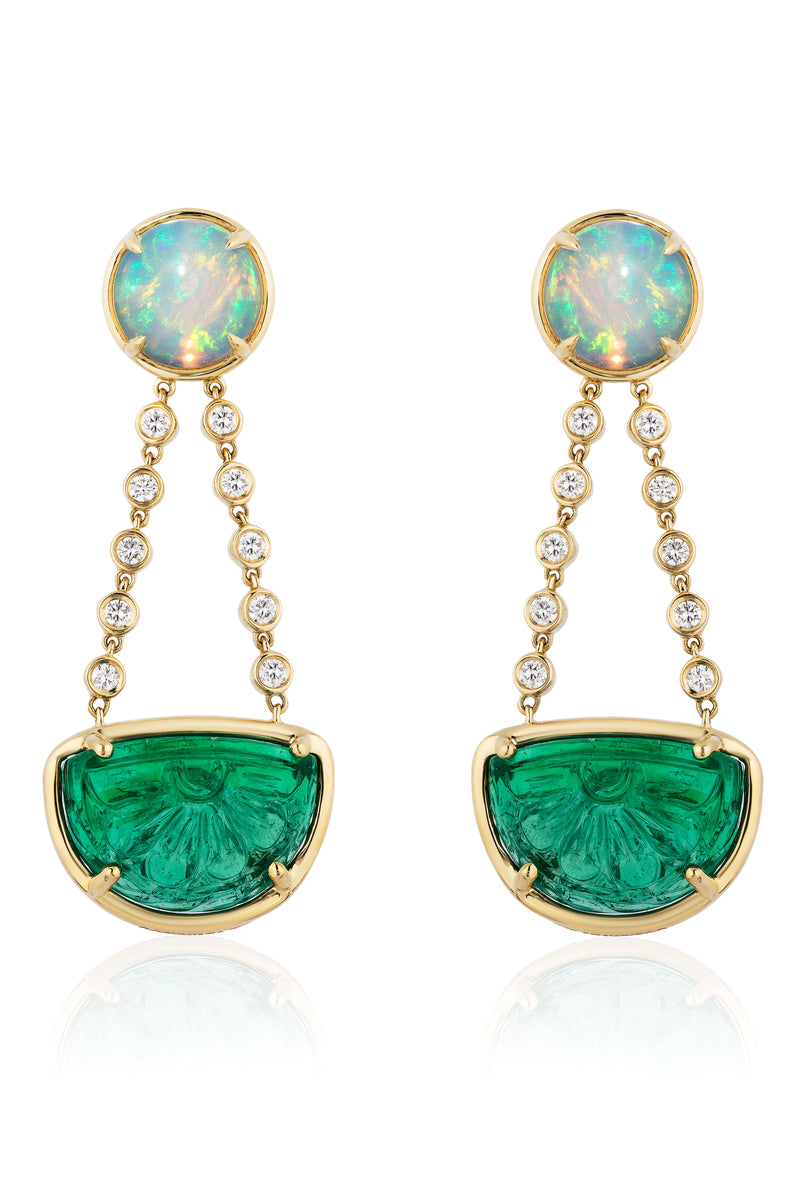 Opal, Diamonds and Emerald earrings by fine jewelry designer Goshwara.