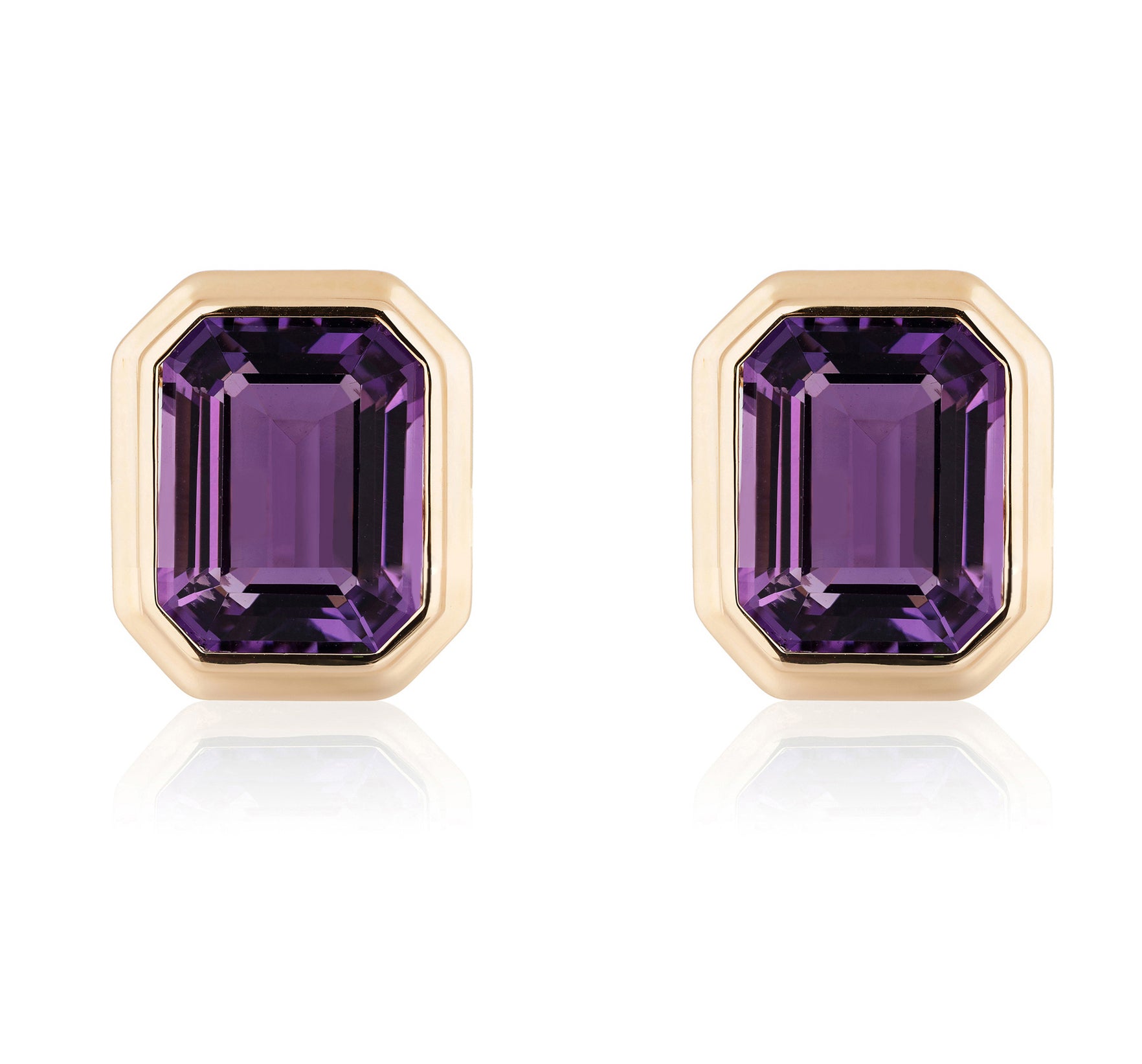 Amethyst emerald cut stud earrings in 18 karat yellow gold by fine jewelry designer Goshwara